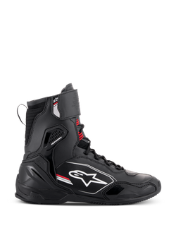 Alpinestars Superfaster Shoes, high-cut motorcycle riding shoes, Black Gray and Bright Red, side profile view featuring the white Alpinestars logo, reinforced ankle and heel protection, lace-up system with a top strap.