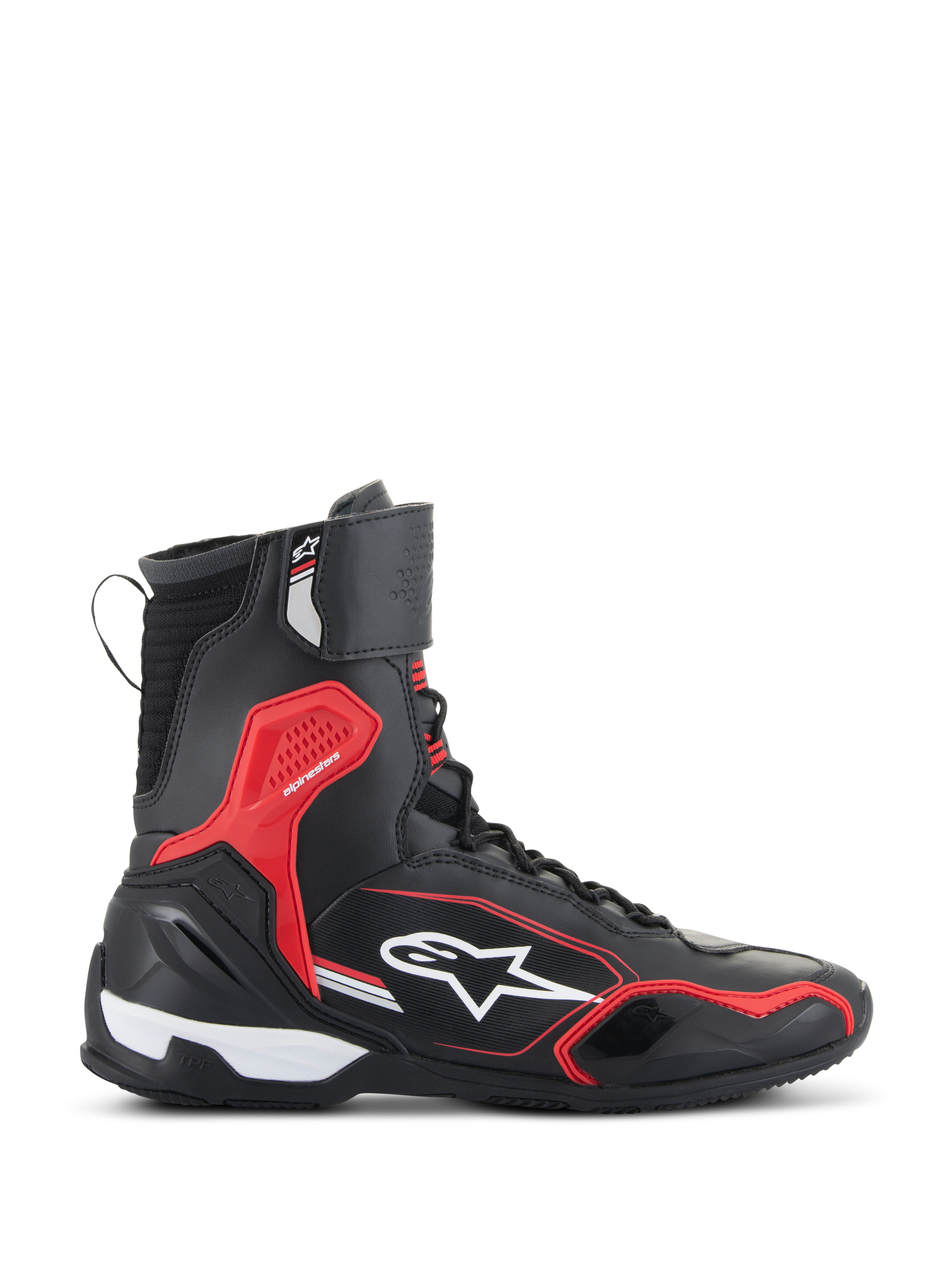 Chaussures Alpinestars Superfaster, chaussures de moto, noir, rouge vif et blanc, vue de profil avec un col montant, une protection contre les chocs en TPU rouge et le logo Alpinestars blanc, chaussures de route protectrices orientées sport
