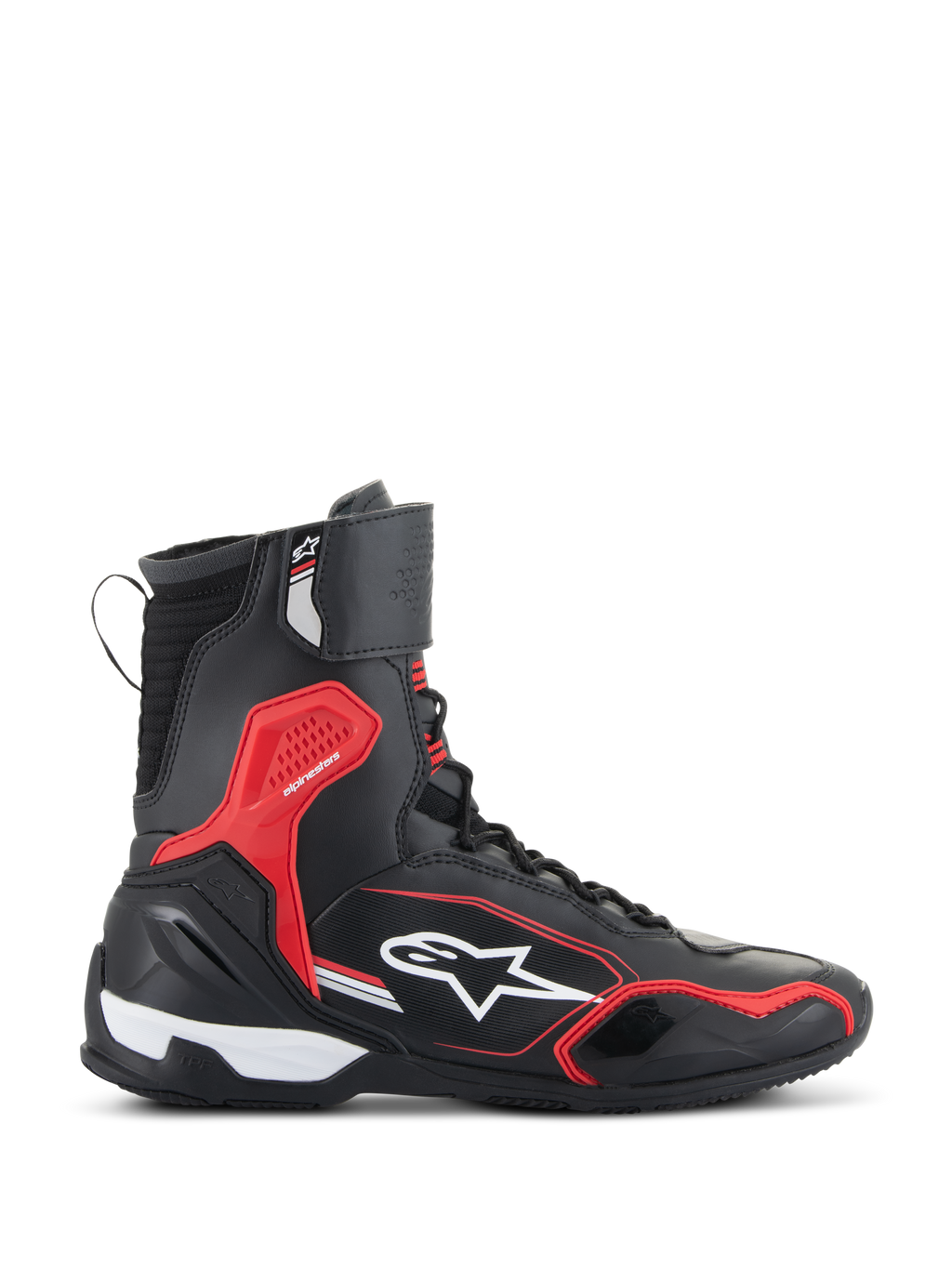 Chaussures Alpinestars Superfaster, noir, rouge vif et blanc, chaussure de moto montante avec panneaux en microfibre et Rideknit, dotée d'accents protecteurs en TPU rouge et d'un logo étoile blanc sur le côté