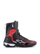 Chaussures Alpinestars Superfaster, noir, rouge vif et blanc, chaussure de moto montante avec panneaux en microfibre et Rideknit, dotée d'accents protecteurs en TPU rouge et d'un logo étoile blanc sur le côté