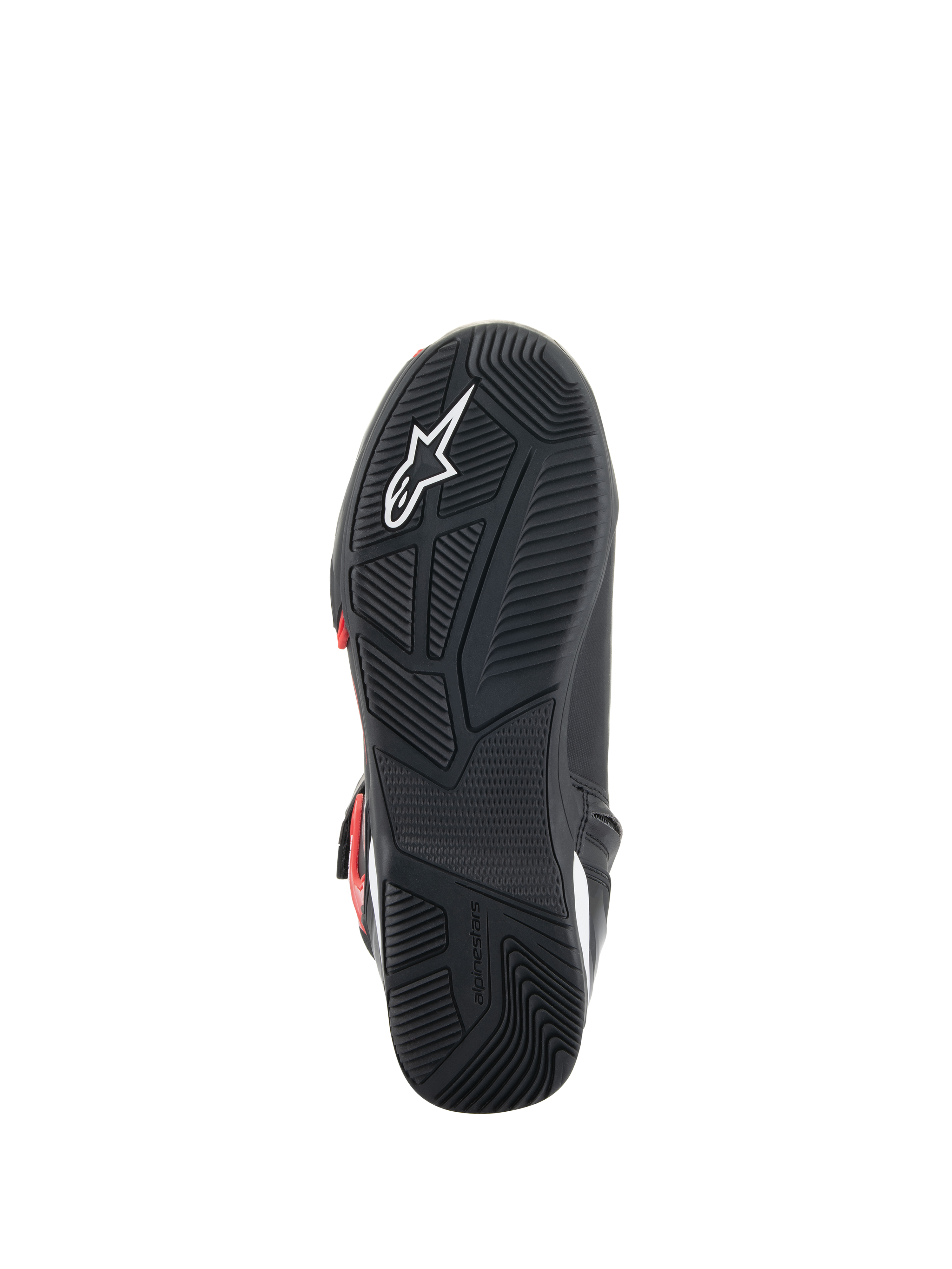 Chaussures Alpinestars Superfaster, vue de la semelle, semelle extérieure en caoutchouc noir avec motif d'adhérence technique, logo Astars blanc et marquage Alpinestars embossé, conçues pour la conduite moto et le confort de marche