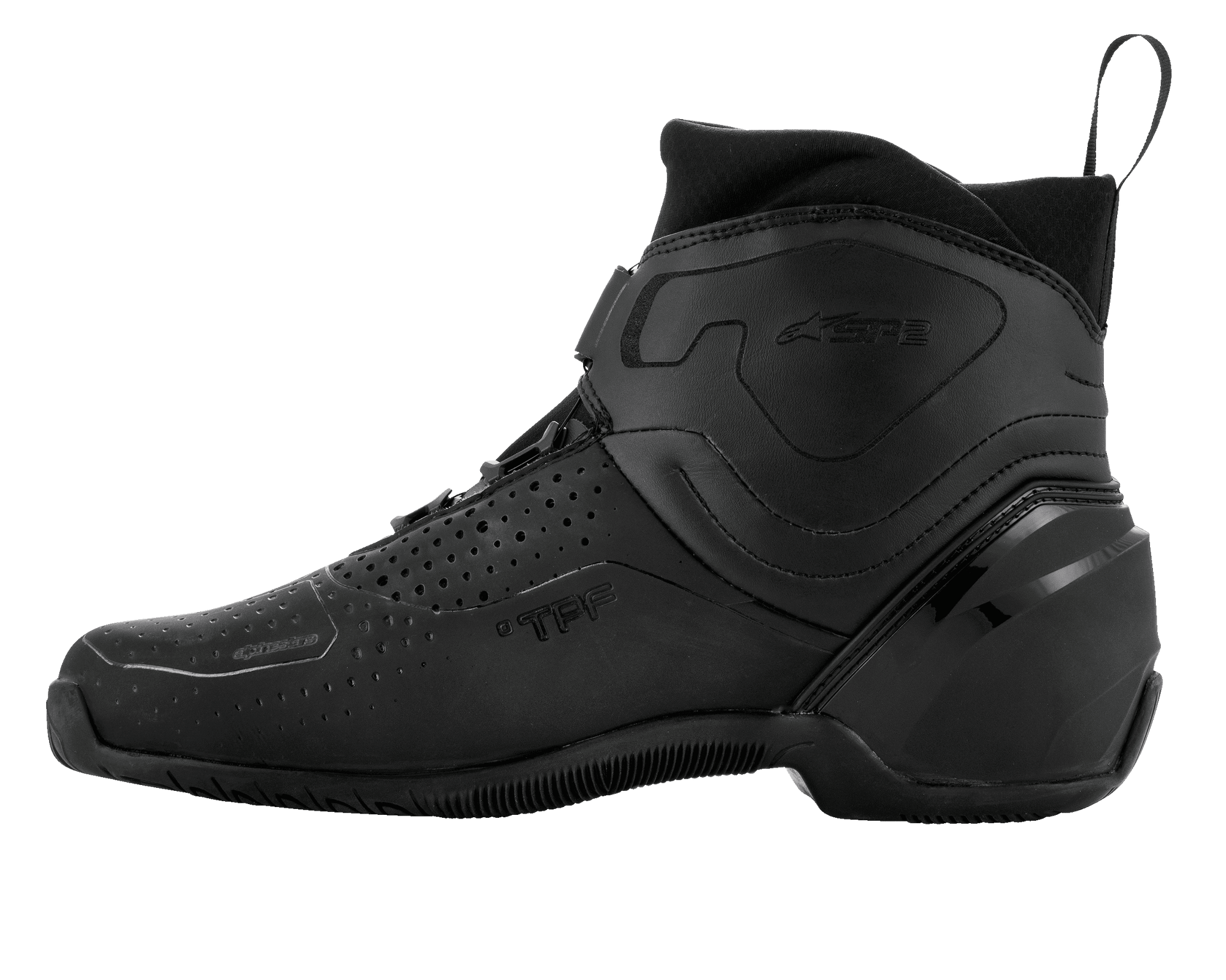Alpinestars SP-2 Riding Shoes, Motorcycle Riding Shoes, Black, side view featuring perforated microfiber upper, BOA speed closure system, and sleek sport profile with TPF protection.