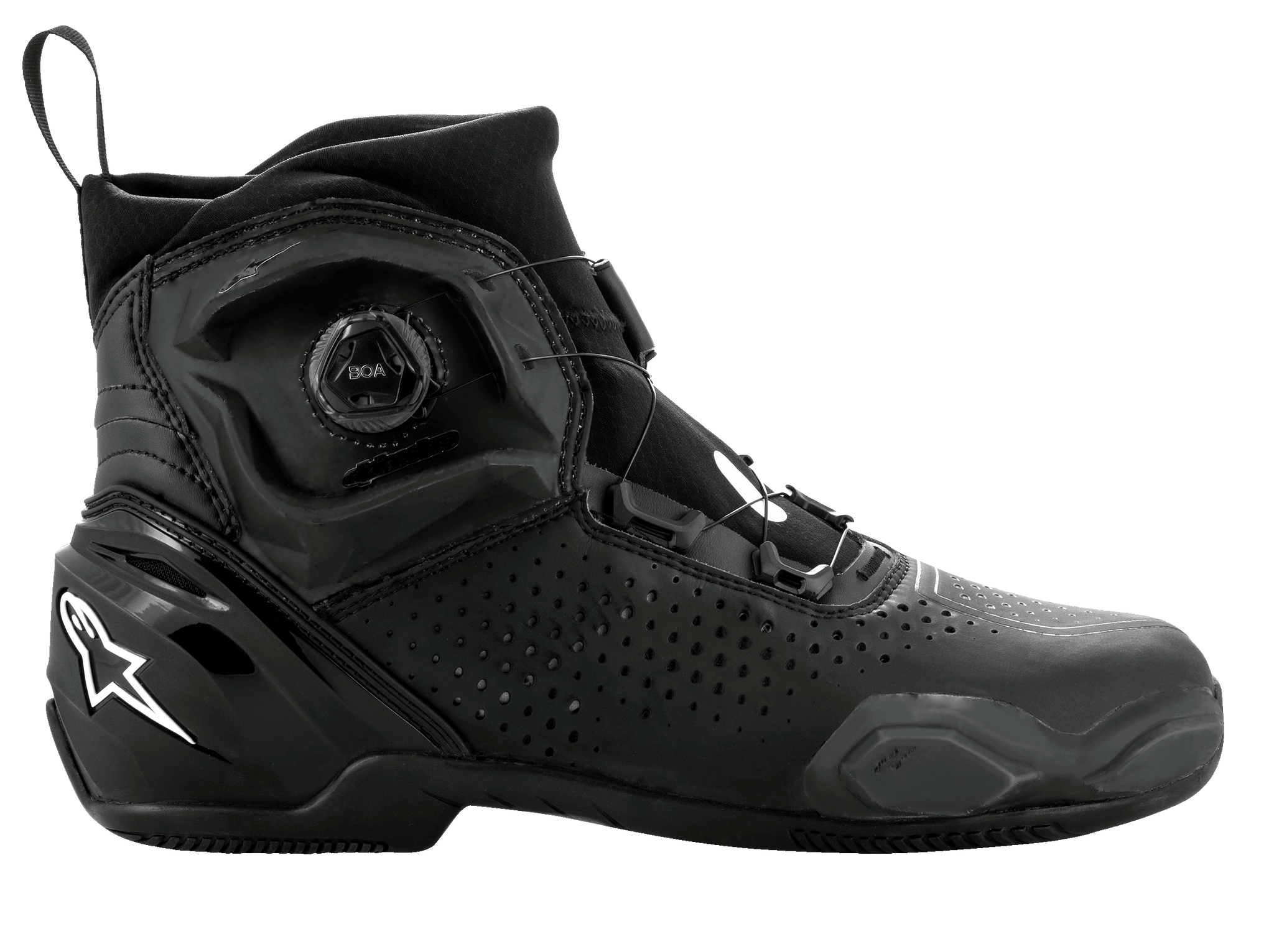 Alpinestars SP-2 Riding Shoes, Sport Motorcycle Riding Shoes, Black, featuring BOA speed closure system, perforated microfiber construction, white Astar logo on the heel, sleek profile for road riding