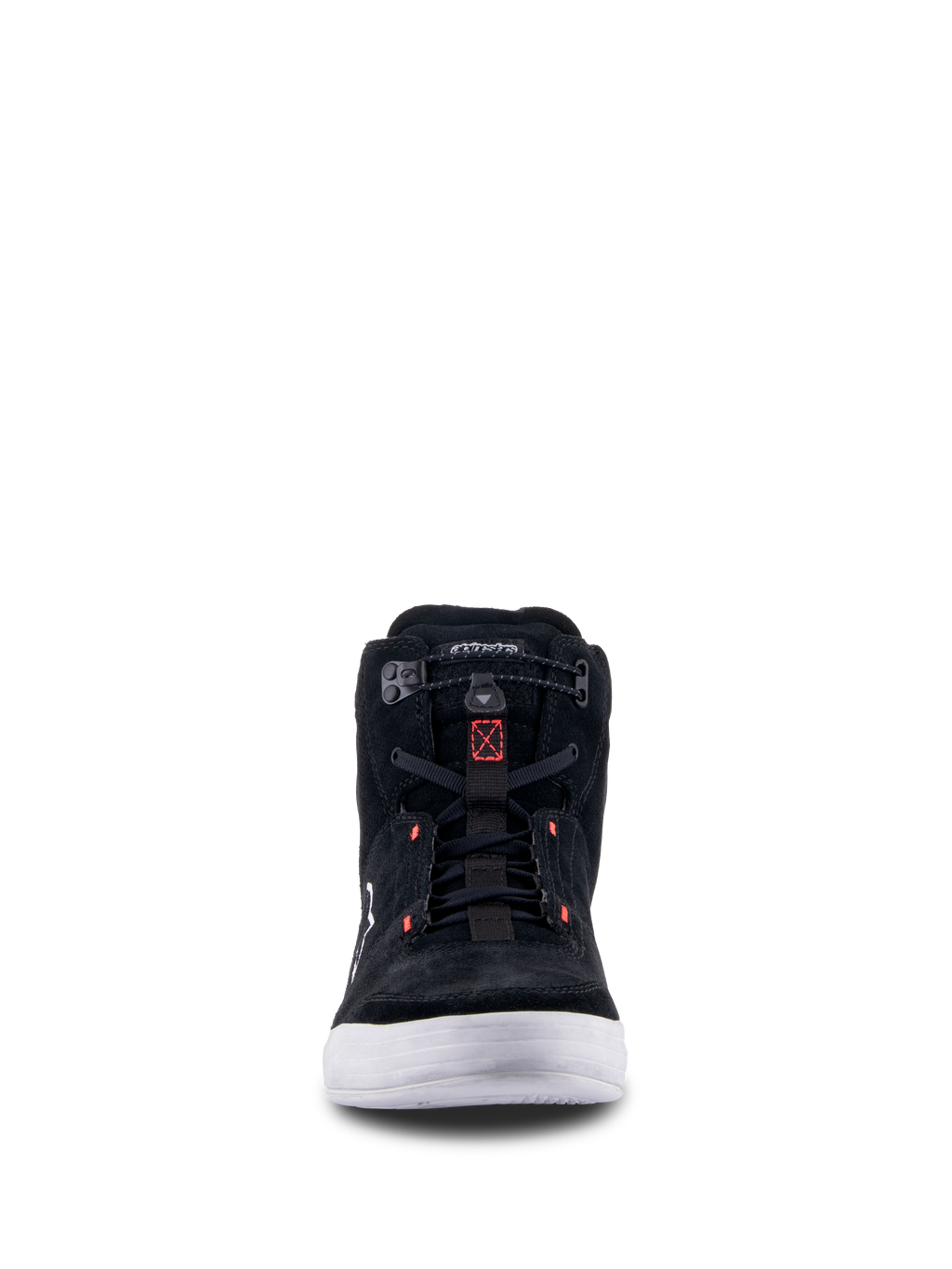 Chaussures Chrome Alpinestars, Noir Gris Cool Rouge Fluo, vue de face d'une chaussure de moto urbaine en daim fendu, semelle blanche et fermeture élastiquée avec accents rouges.