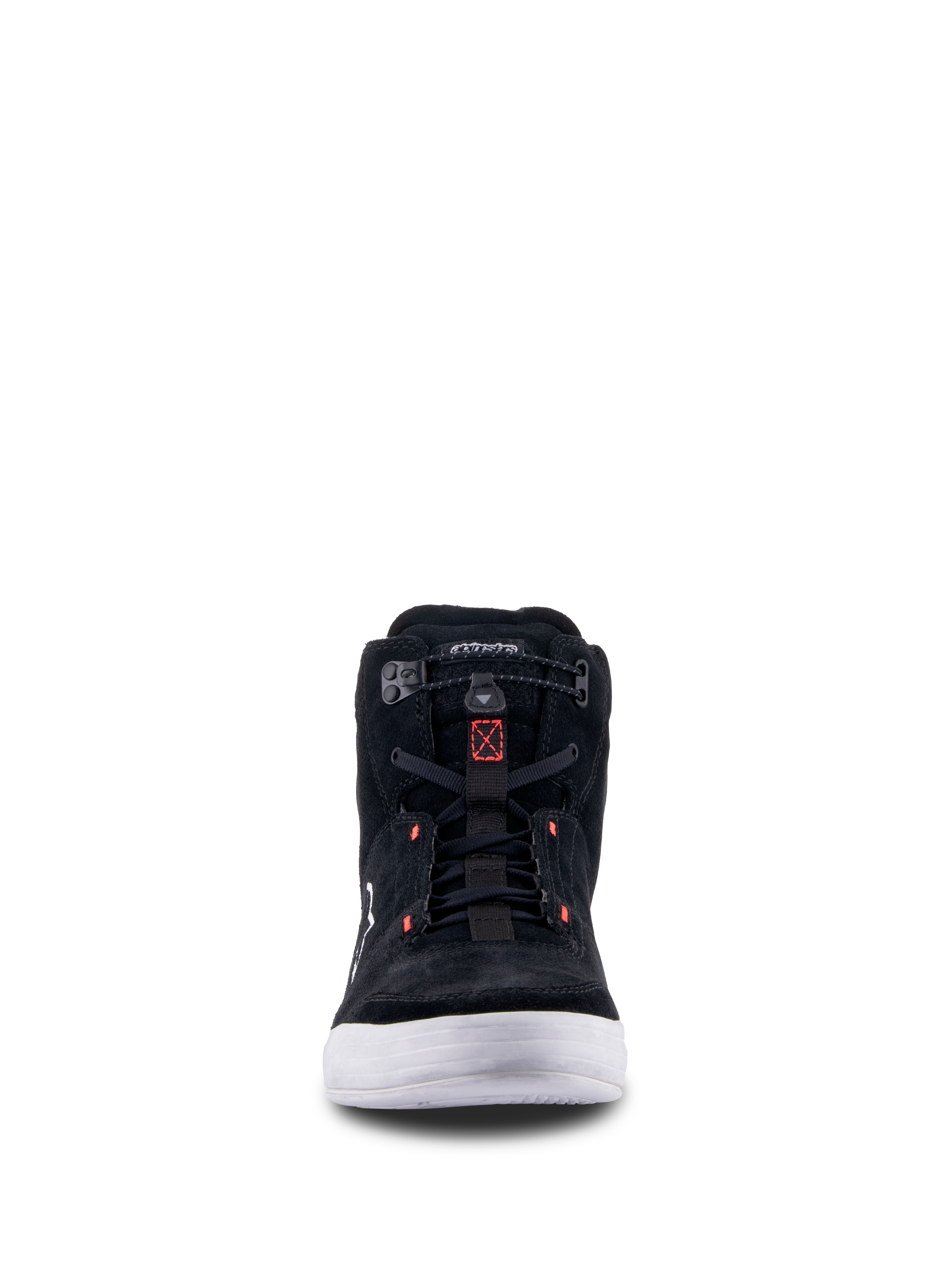 Chaussures Chrome Alpinestars, Noir Gris Cool Rouge Fluo, vue de face d'une chaussure de moto urbaine en daim fendu, semelle blanche et fermeture élastiquée avec accents rouges.