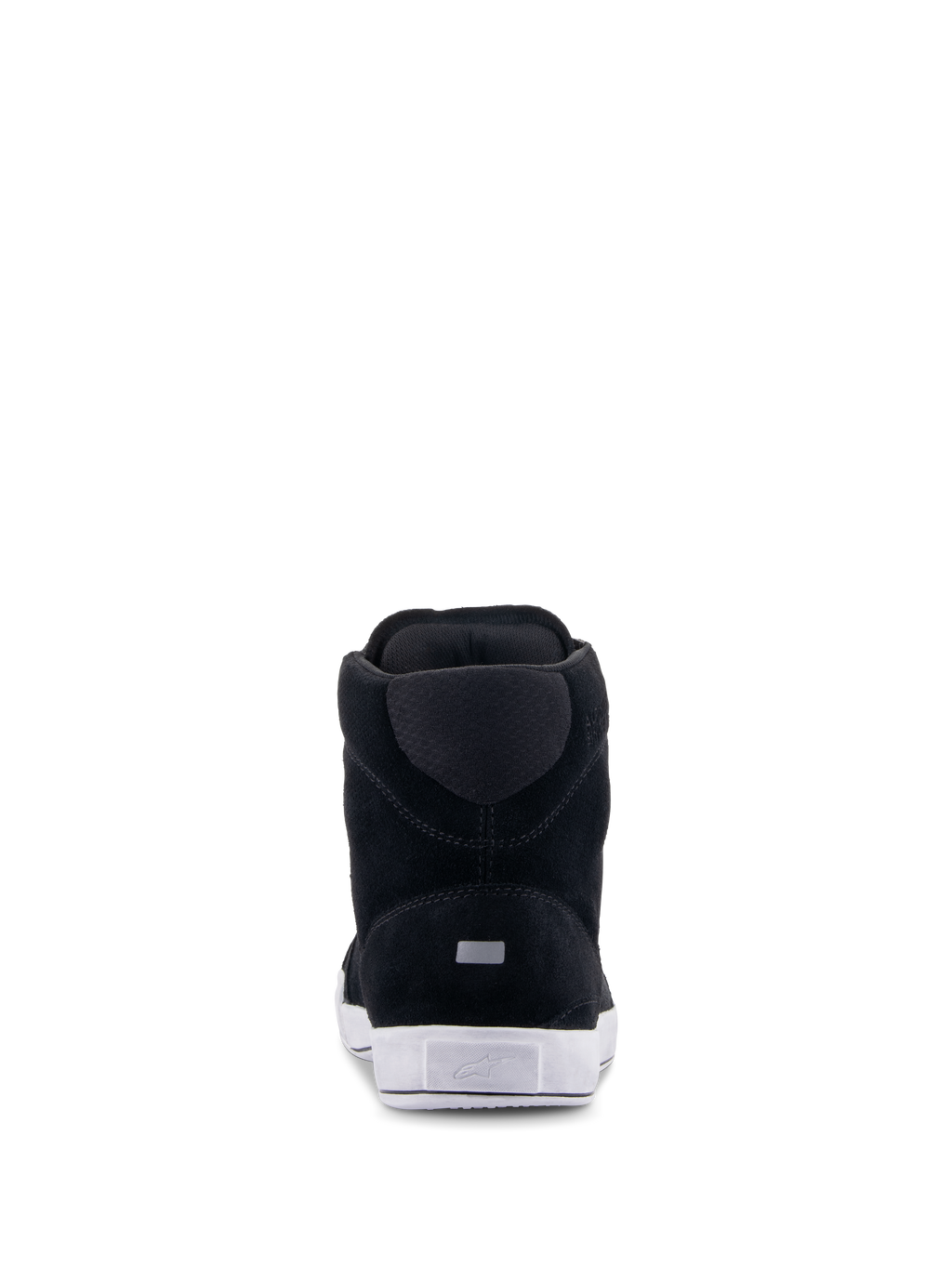 Chaussures Chrome Alpinestars, chaussures de moto urbaines, noir et blanc, vue arrière montrant la construction en daim fendu, semelle en caoutchouc blanc avec logo au talon et petit détail rectangulaire réfléchissant