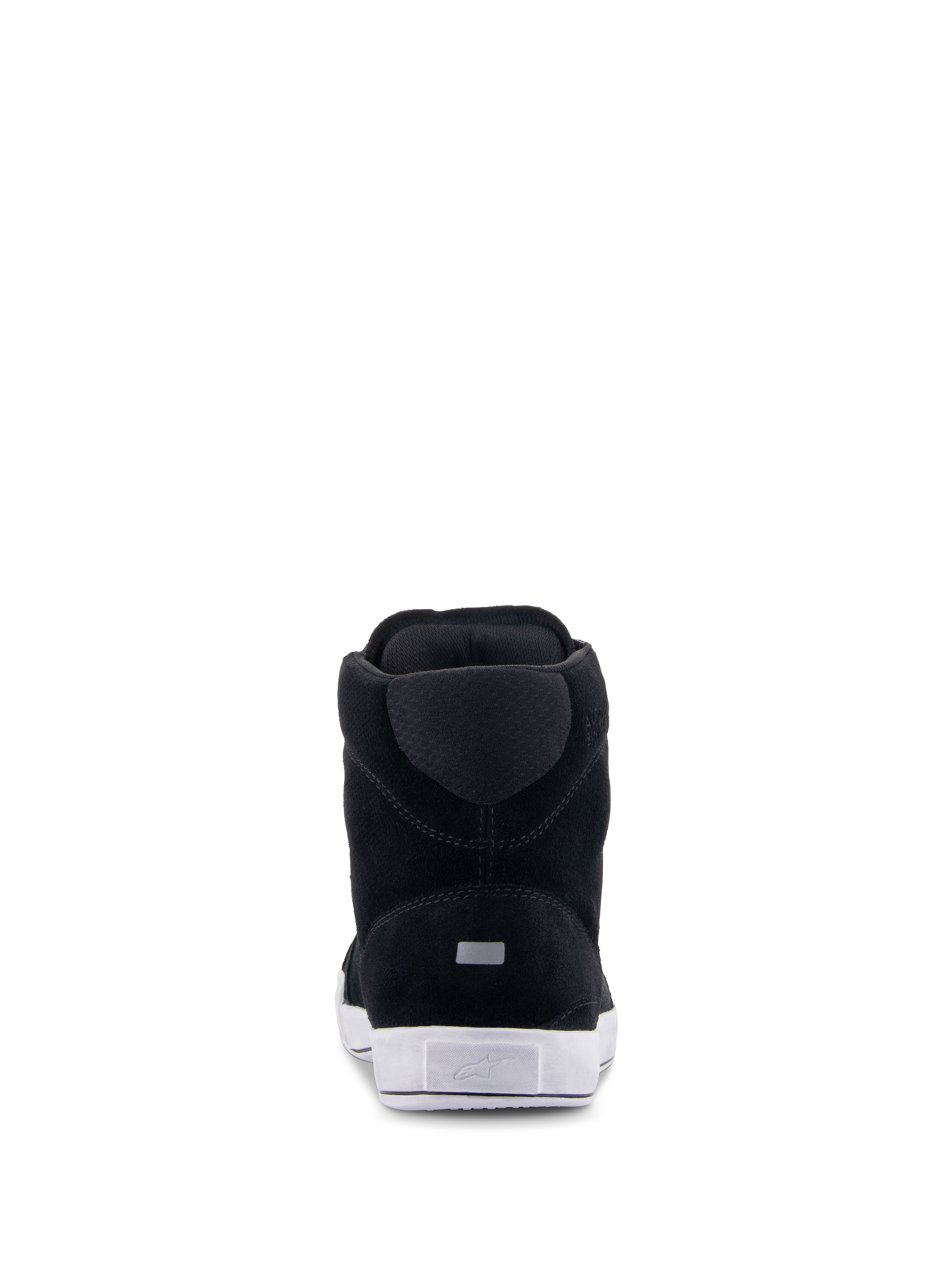 Chaussures Chrome Alpinestars, chaussures de moto urbaines, noir et blanc, vue arrière montrant la construction en daim fendu, semelle en caoutchouc blanc avec logo au talon et petit détail rectangulaire réfléchissant