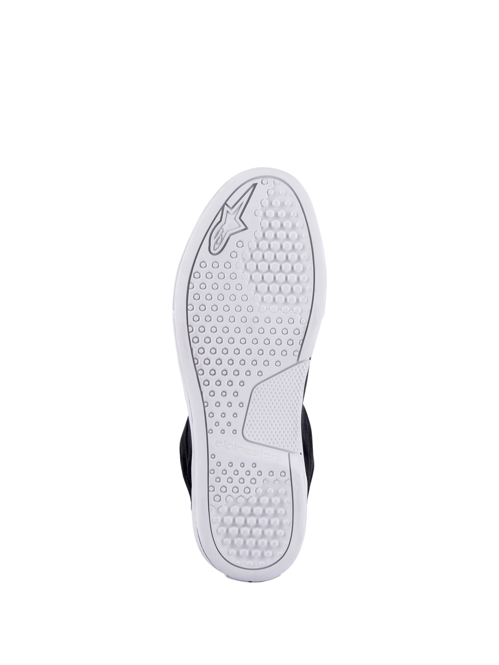 Chaussures Alpinestars Chrome, vue de la semelle urbaine avancée blanche, avec un motif de traction hexagonal et le logo Alpinestars embossé, chaussures de moto décontractées