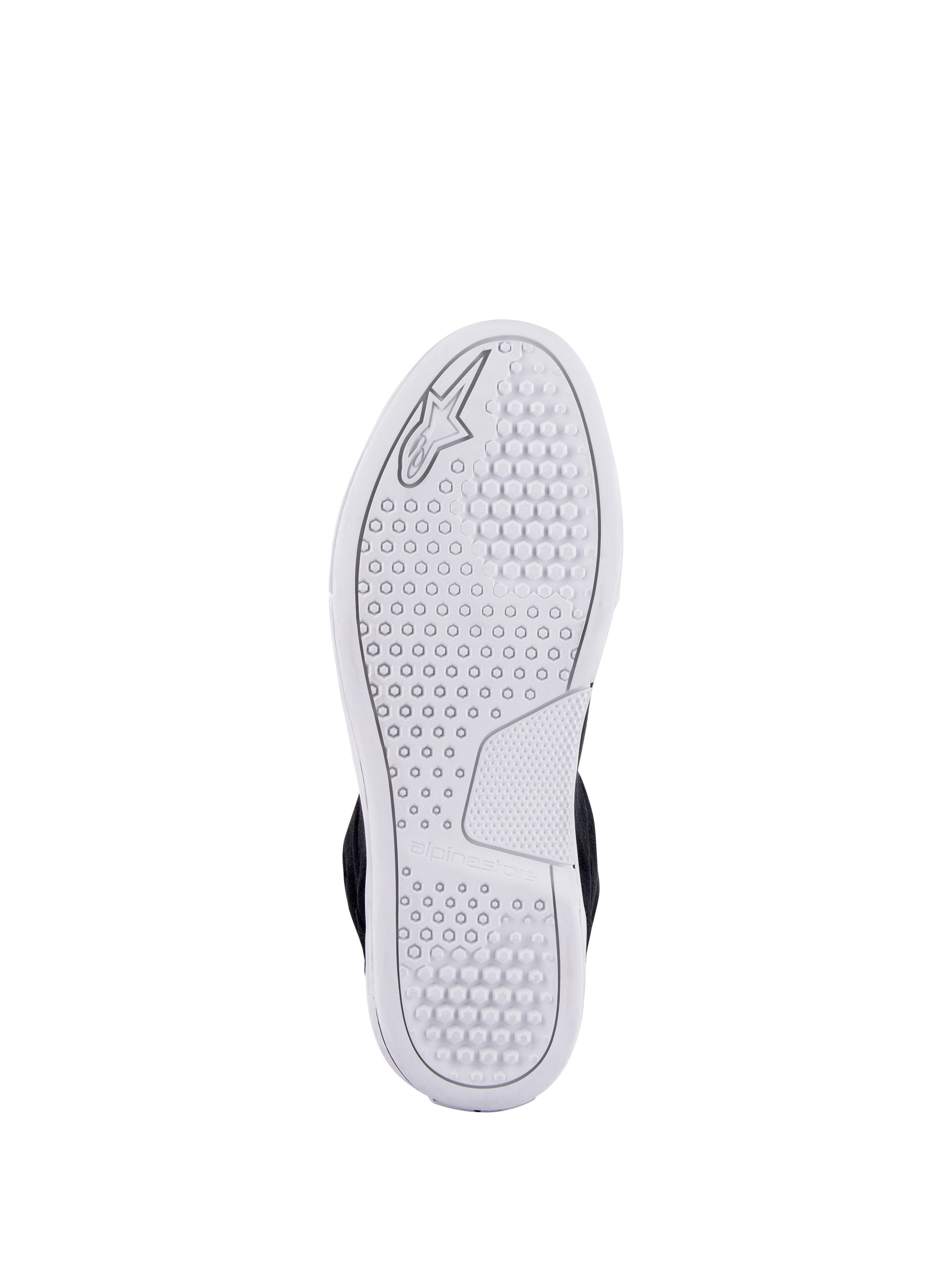 Chaussures Alpinestars Chrome, vue de la semelle urbaine avancée blanche, avec un motif de traction hexagonal et le logo Alpinestars embossé, chaussures de moto décontractées