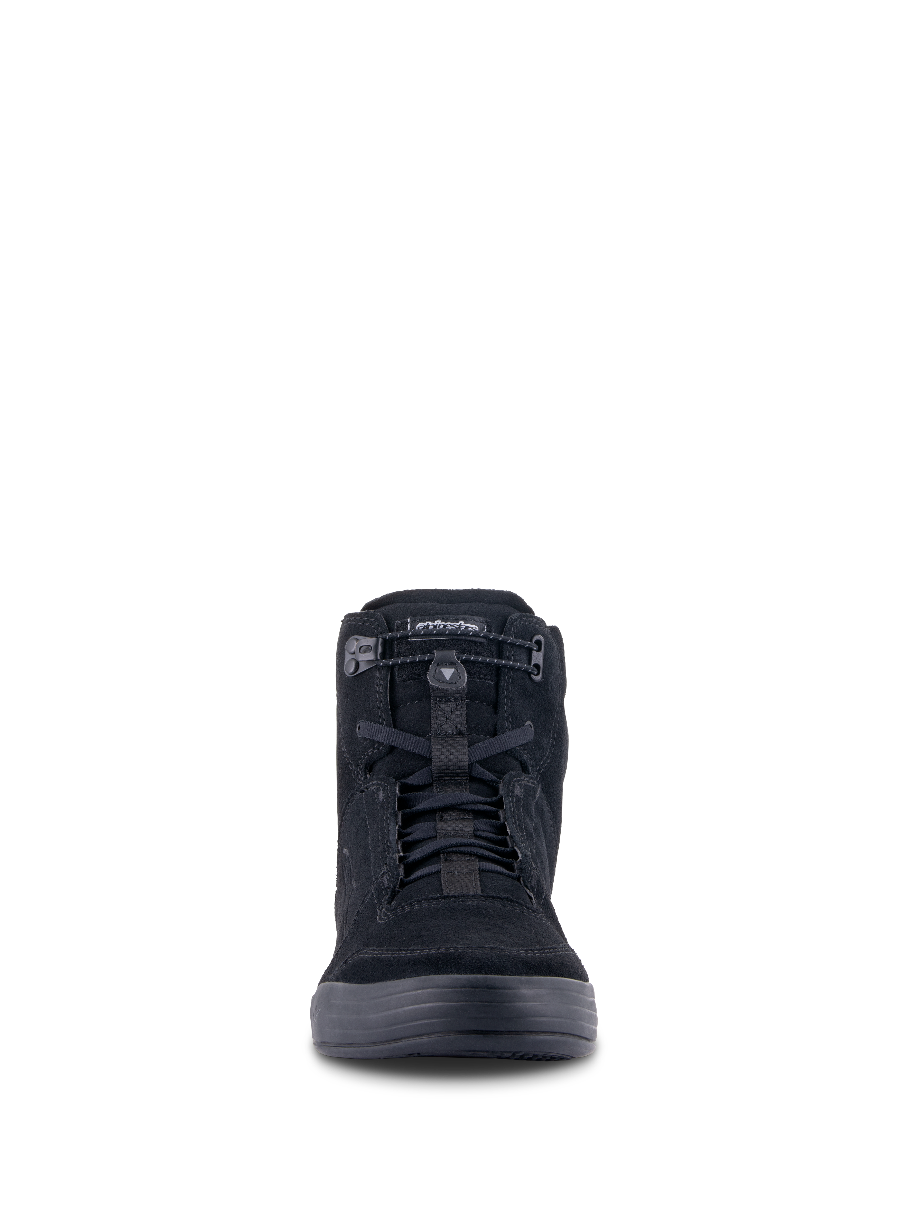 Chaussures Alpinestars Chrome, chaussures de moto urbaines, noir sur noir, vue de face montrant une silhouette montante, daim fendu avec fermeture supérieure élastiquée et lacets noirs, design streetwear décontracté