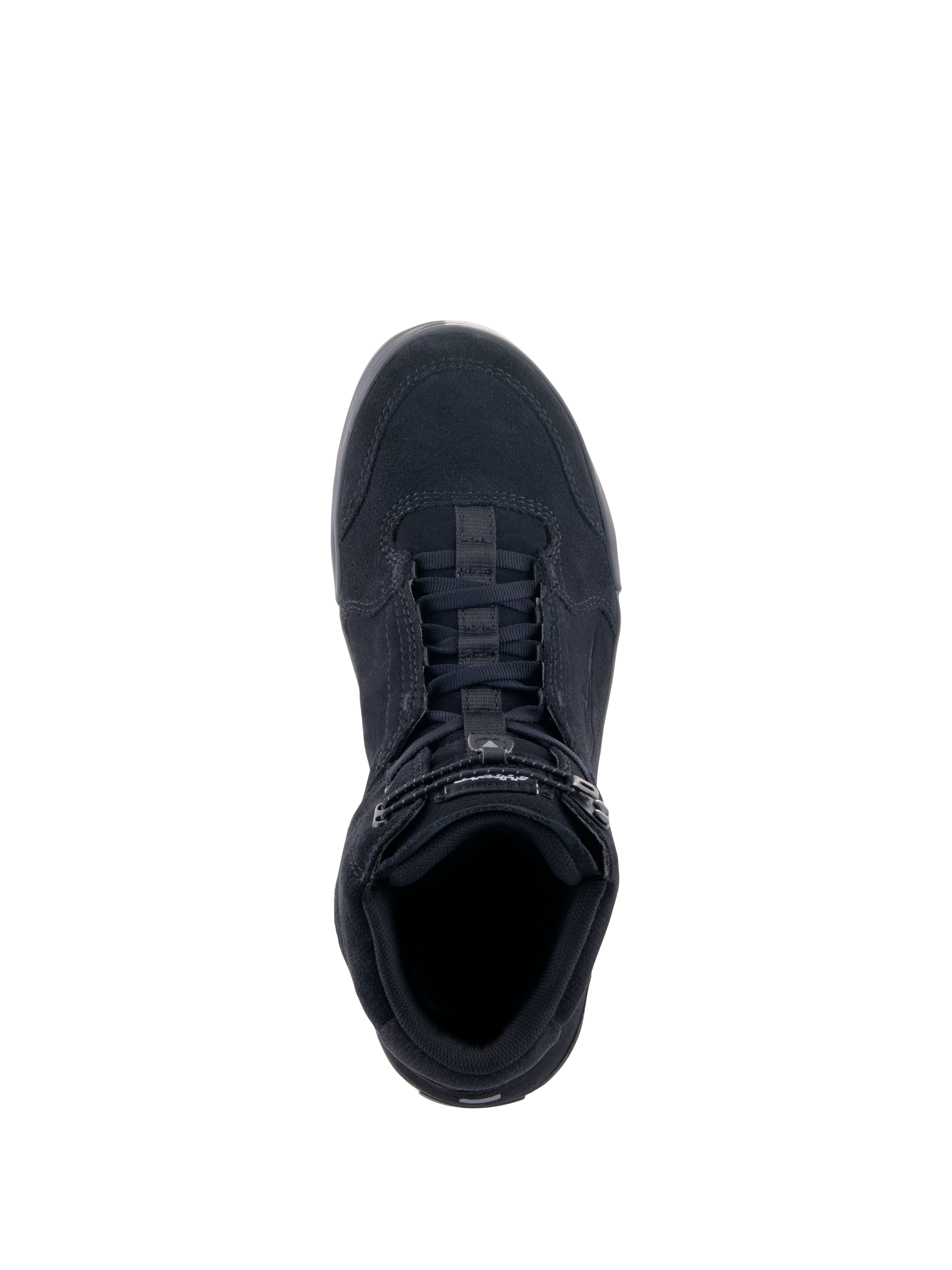 Chaussures de moto Alpinestars Chrome, Noir, vue de dessus, construction en daim fendu, fermeture à lacets avec sangle supérieure élastiquée, silhouette urbaine décontractée conçue pour la protection à moto