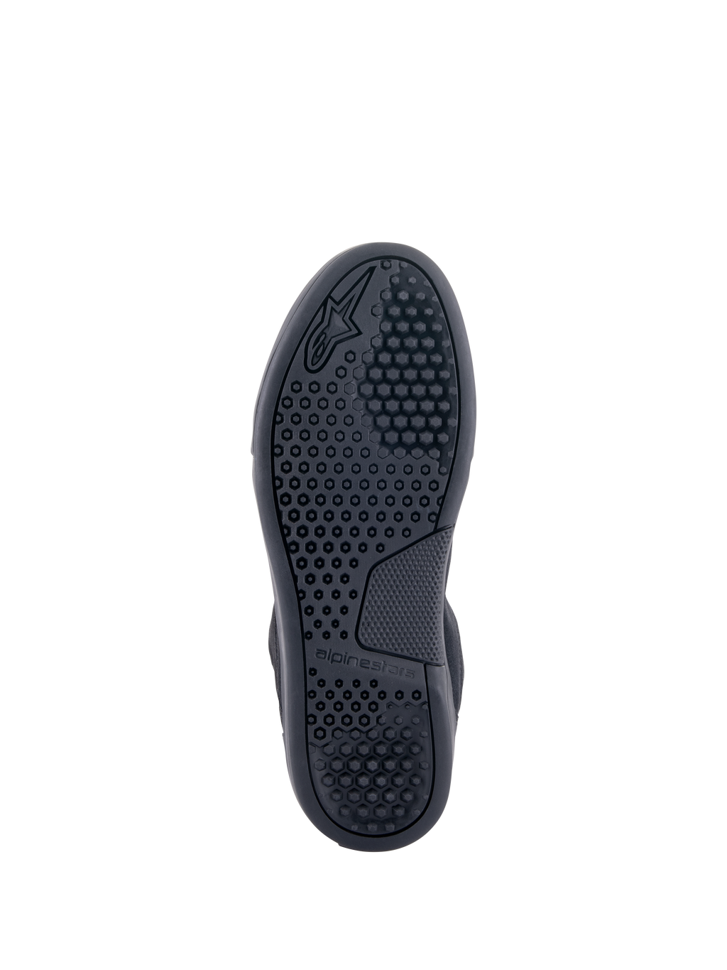 Chaussures Alpinestars Chrome, vue de la semelle, noir, avec semelle cuvette en composé de caoutchouc avancé avec motif d'adhérence hexagonal et logo Alpinestars, chaussures de moto urbaines