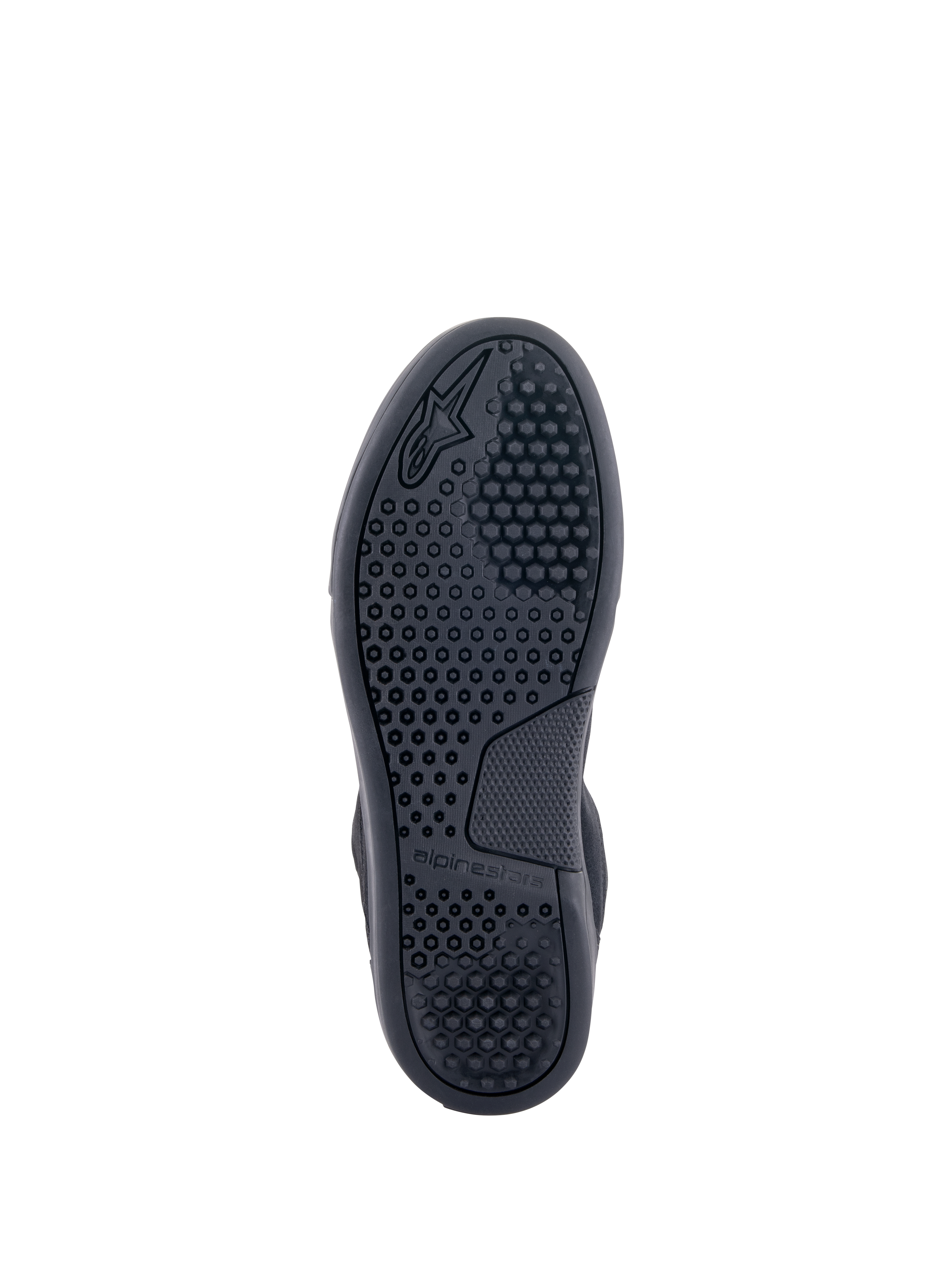 Chaussures Alpinestars Chrome, vue de la semelle, noir, avec semelle cuvette en composé de caoutchouc avancé avec motif d'adhérence hexagonal et logo Alpinestars, chaussures de moto urbaines