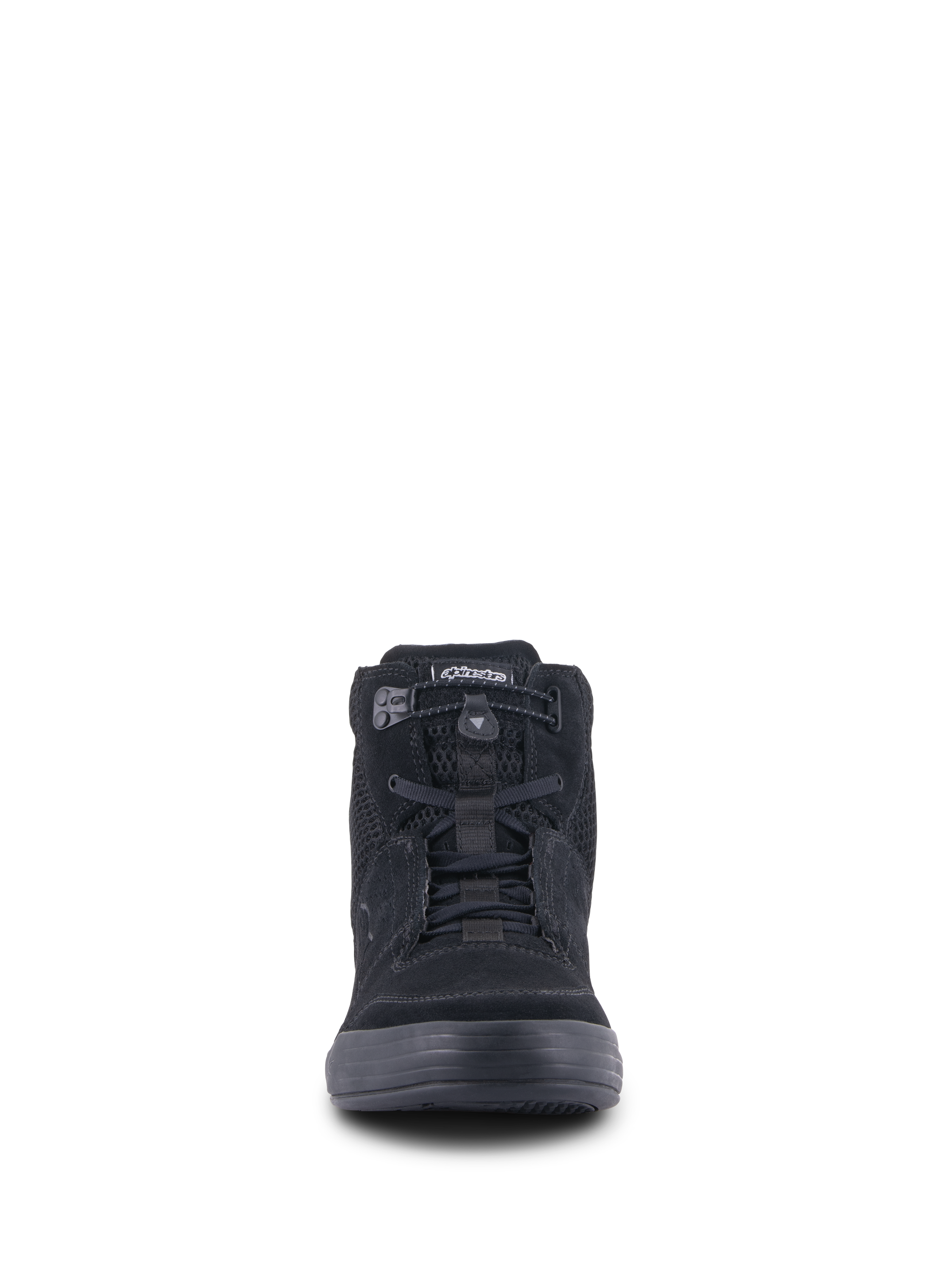 Alpinestars Chrome Air Shoe, urban motorcycle riding shoe, Black, front view showing split suede and mesh upper, elasticated lace closure, and casual high-top sneaker design