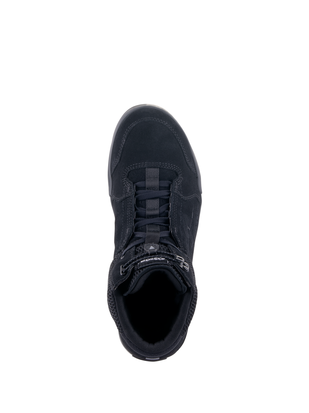 Alpinestars Chrome Air Shoe, Urban Motorcycle Riding Shoe, Black Black, top-down view showing split suede and mesh upper, lacing system with elasticated closure, casual sneaker design for urban commuting