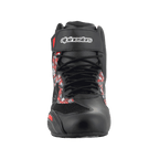 Chaussures Alpinestars FQ20 Faster-3 Rideknit®, chaussures de moto, noir et rouge vif, vue de face avec fermeture à lacets et sangle de cheville auto-agrippante avec logo Alpinestars, imprimé graphique sur les côtés, profil épuré d'inspiration racing