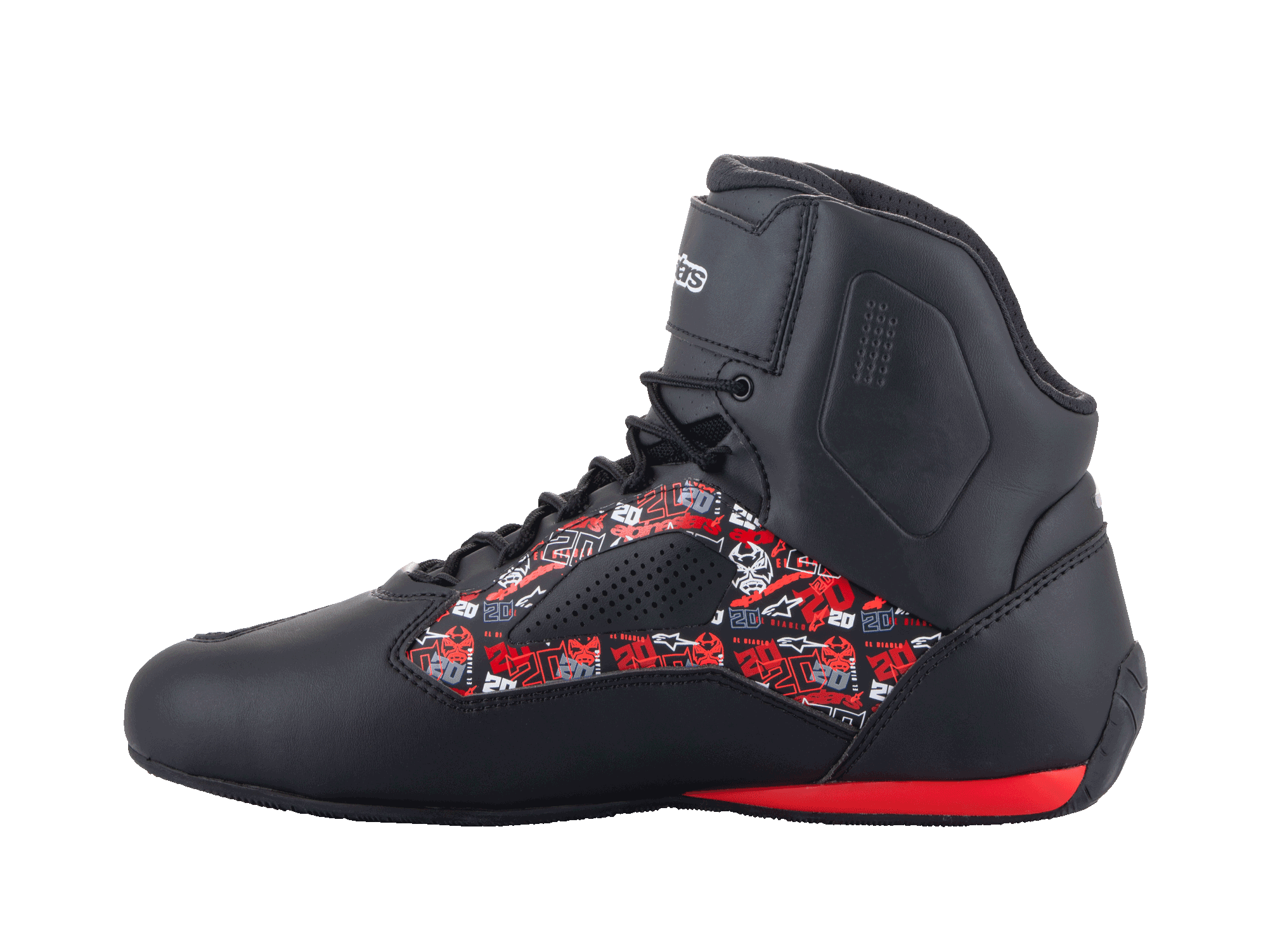 Chaussures Alpinestars FQ20 Faster-3 Rideknit®, chaussures de moto, noires avec graphismes Fabio Quartararo rouges et blancs, modèle montant avec lacets et sangle de cheville, détail rouge au talon, vue de profil