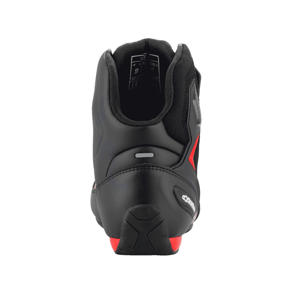 Chaussures Alpinestars FQ20 Faster-3 Rideknit®, noir et rouge vif, vue arrière mettant en évidence le contrefort de talon profilé, la bande réfléchissante et le col de cheville rembourré, chaussures techniques de moto