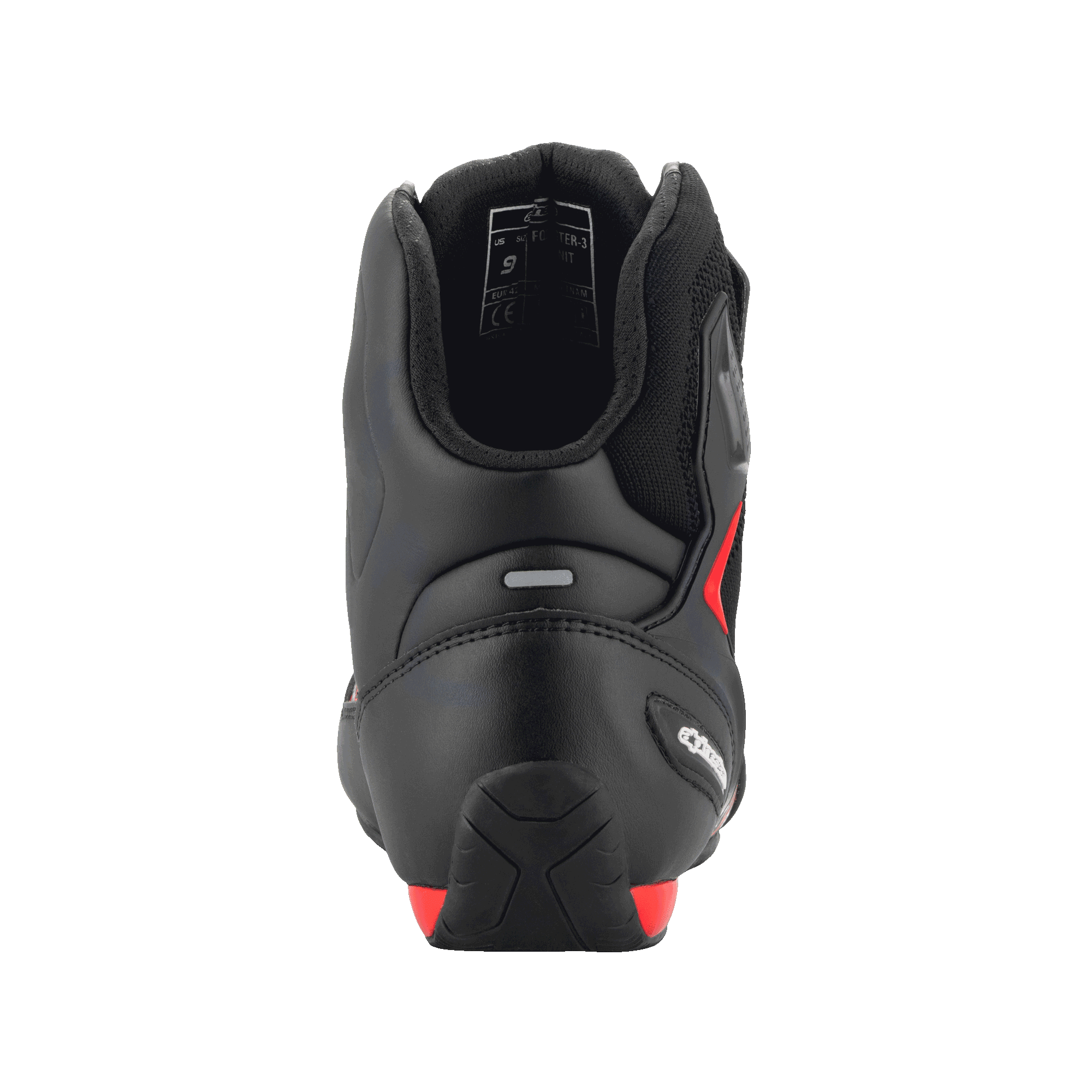 Chaussures Alpinestars FQ20 Faster-3 Rideknit®, noir et rouge vif, vue arrière mettant en évidence le contrefort de talon profilé, la bande réfléchissante et le col de cheville rembourré, chaussures techniques de moto