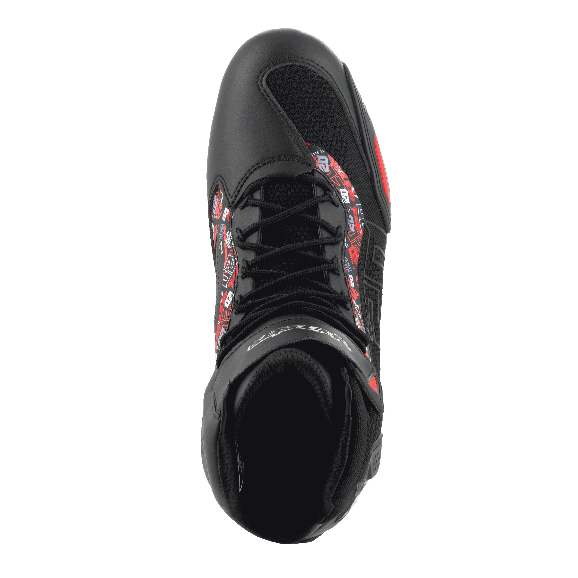 Chaussures Alpinestars FQ20 Faster-3 Rideknit®, vue de dessus, noir et rouge vif, design athlétique avec lacets et maille respirante, avec des accents graphiques rouges et blancs sur les côtés, chaussures de moto sport urbain