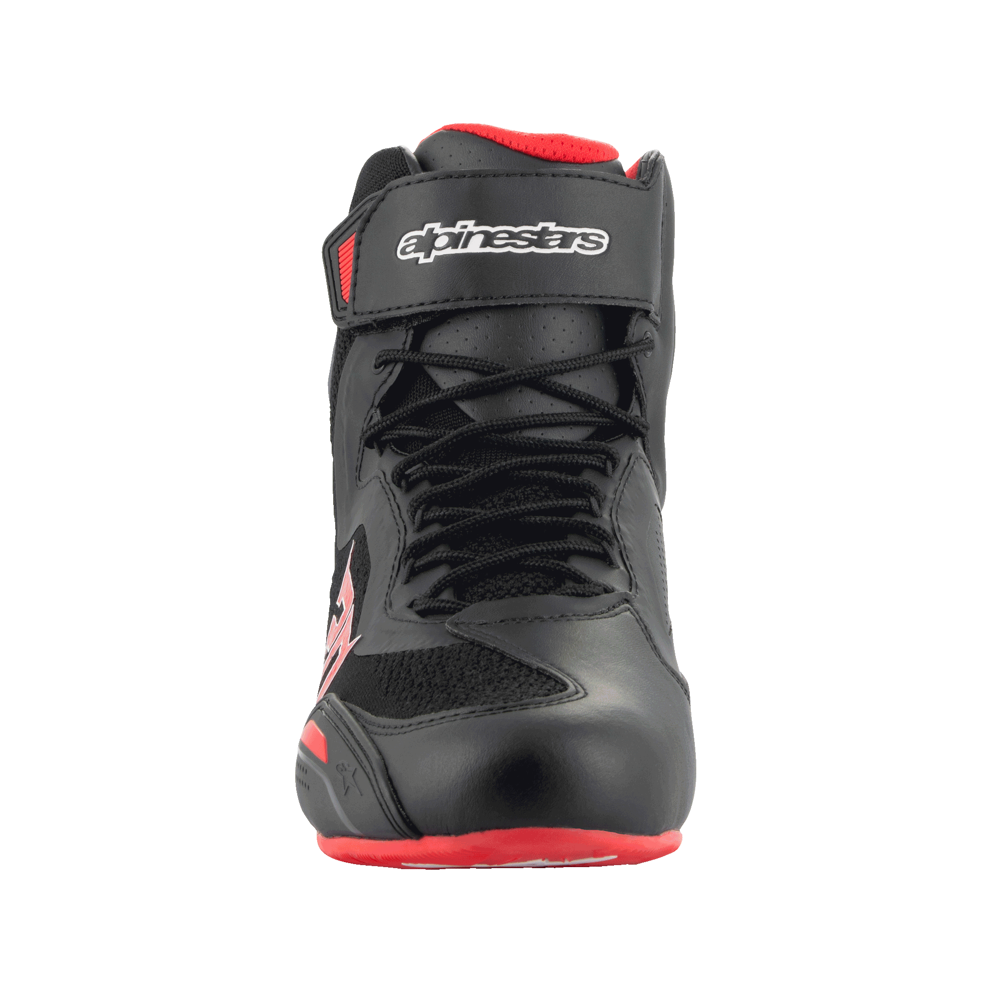 Chaussures Alpinestars FQ20 Faster-3 Rideknit®, chaussures de moto, noir et rouge vif, vue de face montrant la fermeture à lacets et la sangle supérieure auto-agrippante avec logo Alpinestars, construction en microfibre technique et maille tricotée respirante.
