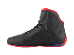 Chaussures Alpinestars FQ20 Faster-3 Rideknit®, chaussures de moto, noir, rouge vif et bleu, vue de profil avec le texte « EL DIABLO » en rouge, semelle et doublure de col rouges, construction en mesh respirant et microfibre avec panneaux latéraux perforés.