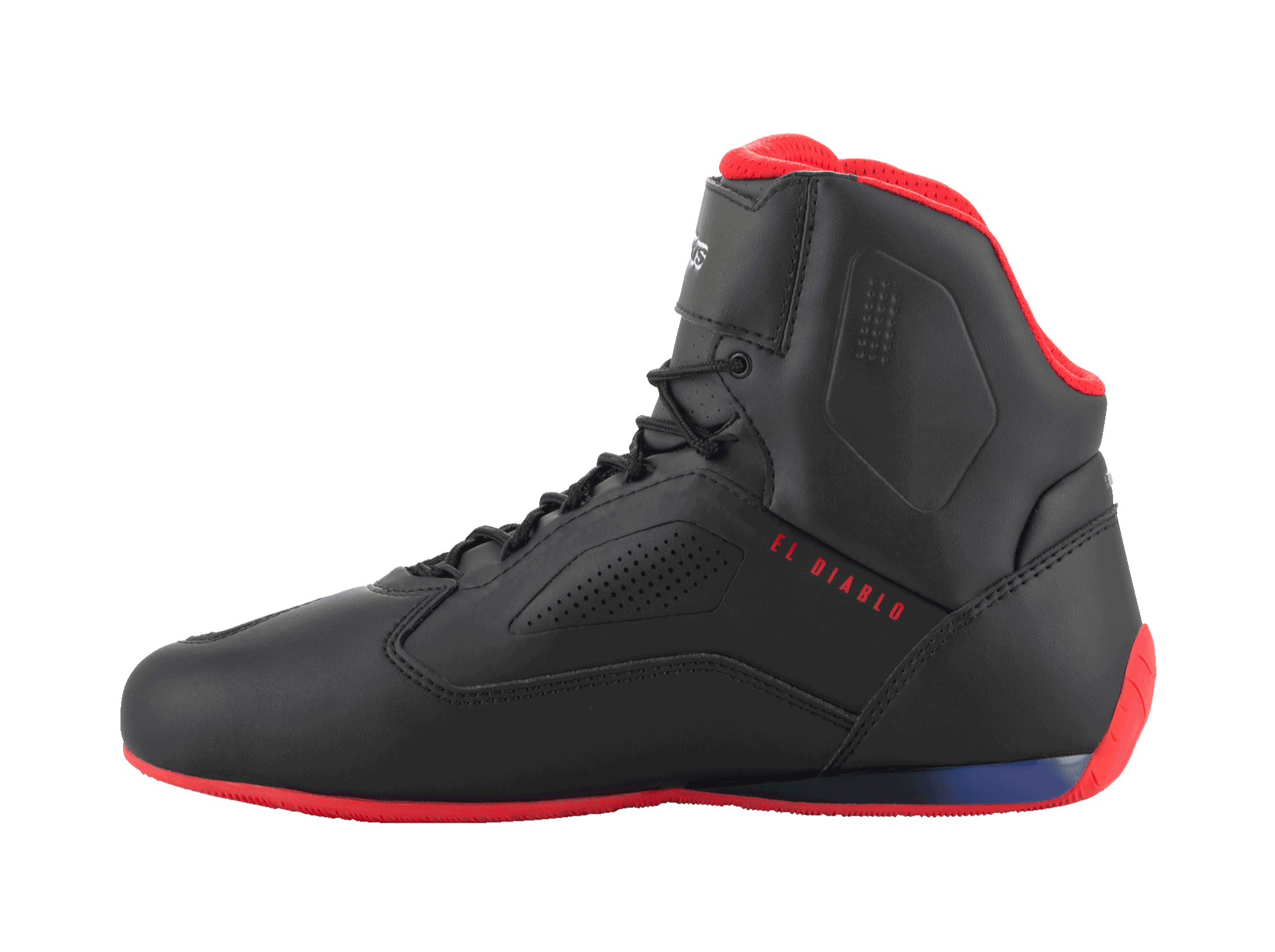 Chaussures Alpinestars FQ20 Faster-3 Rideknit®, chaussures de moto, noir, rouge vif et bleu, vue de profil avec le texte « EL DIABLO » en rouge, semelle et doublure de col rouges, construction en mesh respirant et microfibre avec panneaux latéraux perforés.
