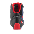 Chaussures Alpinestars FQ20 Faster-3 Rideknit®, chaussures de moto, noir, rouge vif et bleu, vue arrière montrant le contrefort de talon en TPR rouge, la doublure en maille rouge rembourrée et la bande réfléchissante, design sportif pour la conduite sur route.