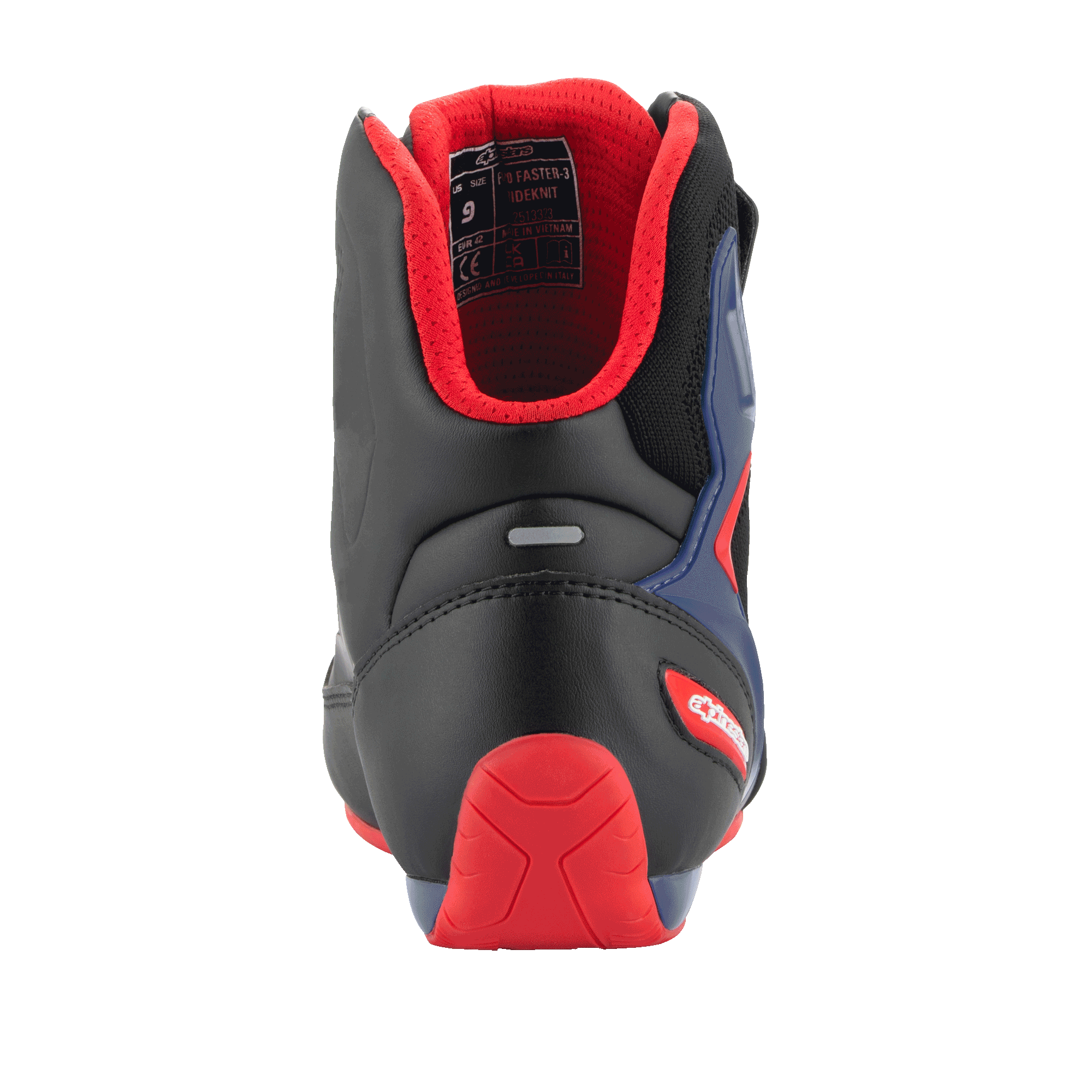 Chaussures Alpinestars FQ20 Faster-3 Rideknit®, chaussures de moto, noir, rouge vif et bleu, vue arrière montrant le contrefort de talon en TPR rouge, la doublure en maille rouge rembourrée et la bande réfléchissante, design sportif pour la conduite sur route.