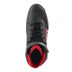 Chaussures Alpinestars FQ20 Faster-3 Rideknit®, chaussures de moto, noir avec accents rouge vif et bleu, vue de dessus avec maille Rideknit® respirante, design à lacets et intérieur rouge rembourré