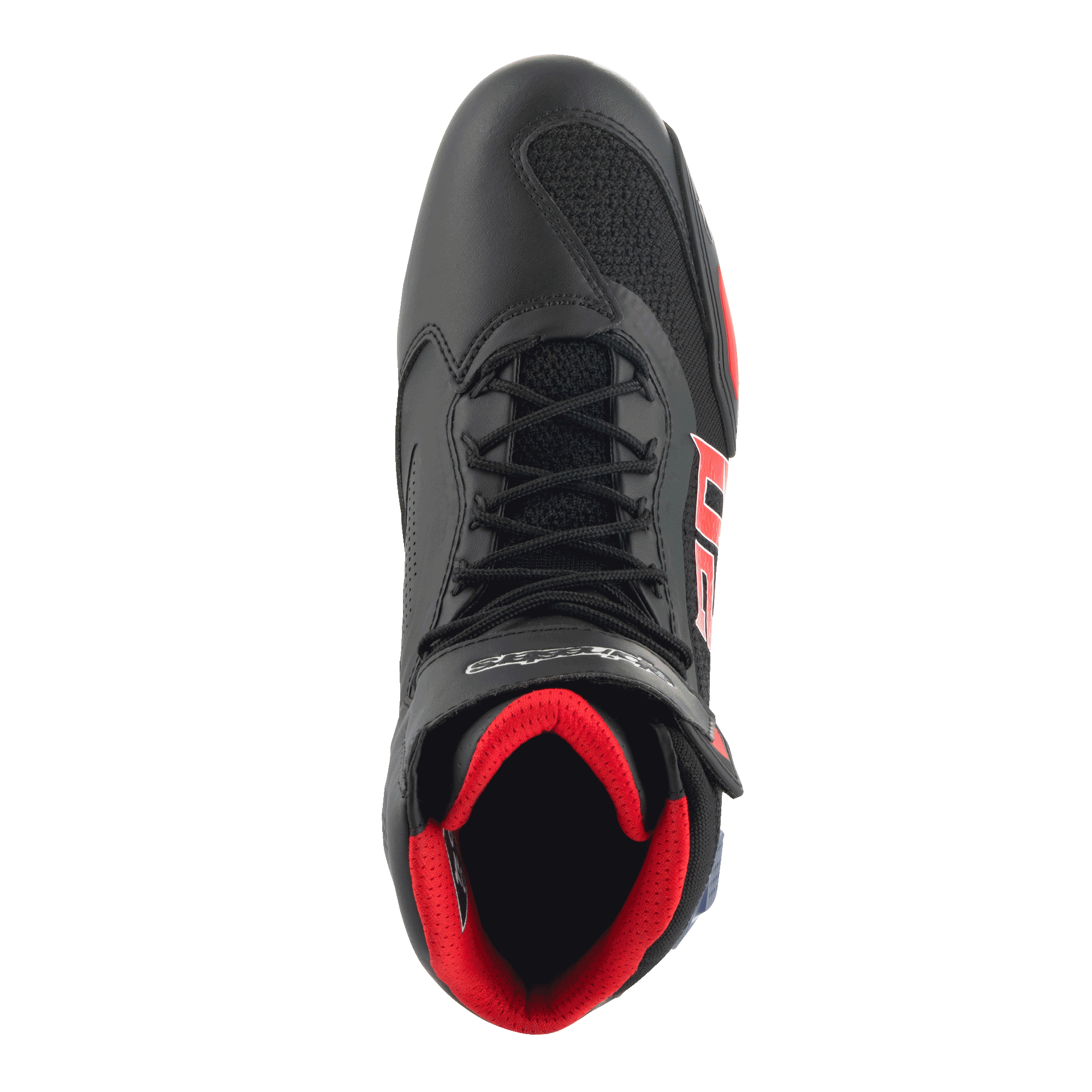 Chaussures Alpinestars FQ20 Faster-3 Rideknit®, chaussures de moto, noir avec accents rouge vif et bleu, vue de dessus avec maille Rideknit® respirante, design à lacets et intérieur rouge rembourré