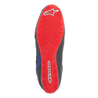 Chaussures Alpinestars FQ20 Faster-3 Rideknit®, vue de dessous de la semelle, rouge vif avec logo et lettrage Alpinestars blancs, motif d'adhérence texturé pour la conduite à moto