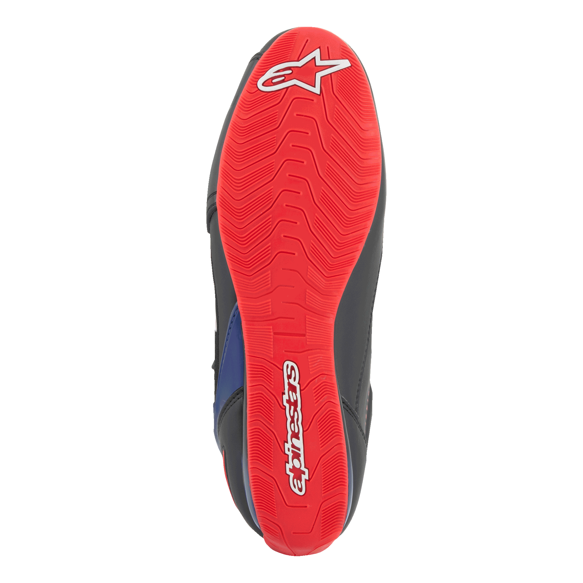 Chaussures Alpinestars FQ20 Faster-3 Rideknit®, vue de dessous de la semelle, rouge vif avec logo et lettrage Alpinestars blancs, motif d'adhérence texturé pour la conduite à moto