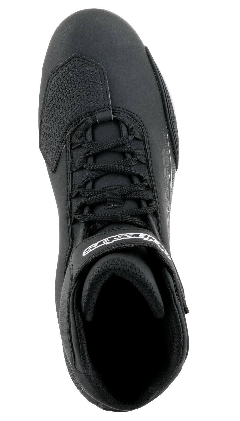 Chaussures Alpinestars Sektor, chaussures de moto, noires avec marquage blanc, vue de dessus avec système de laçage rapide, sangle de cheville à crochet et boucle et renfort d'orteil en TPR