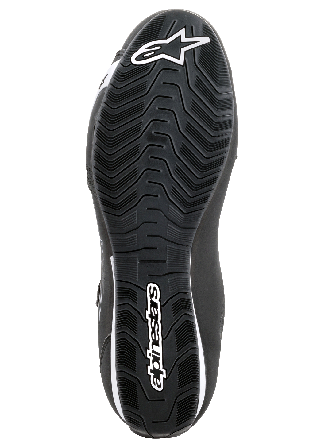 Chaussures Alpinestars Sektor, chaussures de moto, noir et blanc, vue de dessous de la semelle en caoutchouc texturée avec motif ondulé, logo Alpinestars blanc et symbole de l'étoile.