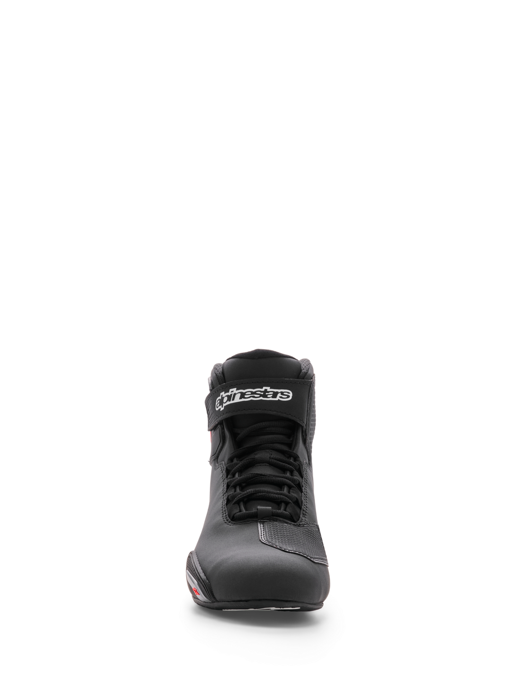 Chaussure Alpinestars Sektor, chaussure de moto, noire, vue de face montrant le châssis en microfibre, le système de laçage rapide et la sangle de cheville avec logo Alpinestars blanc, design athlétique élégant pour la conduite sur route