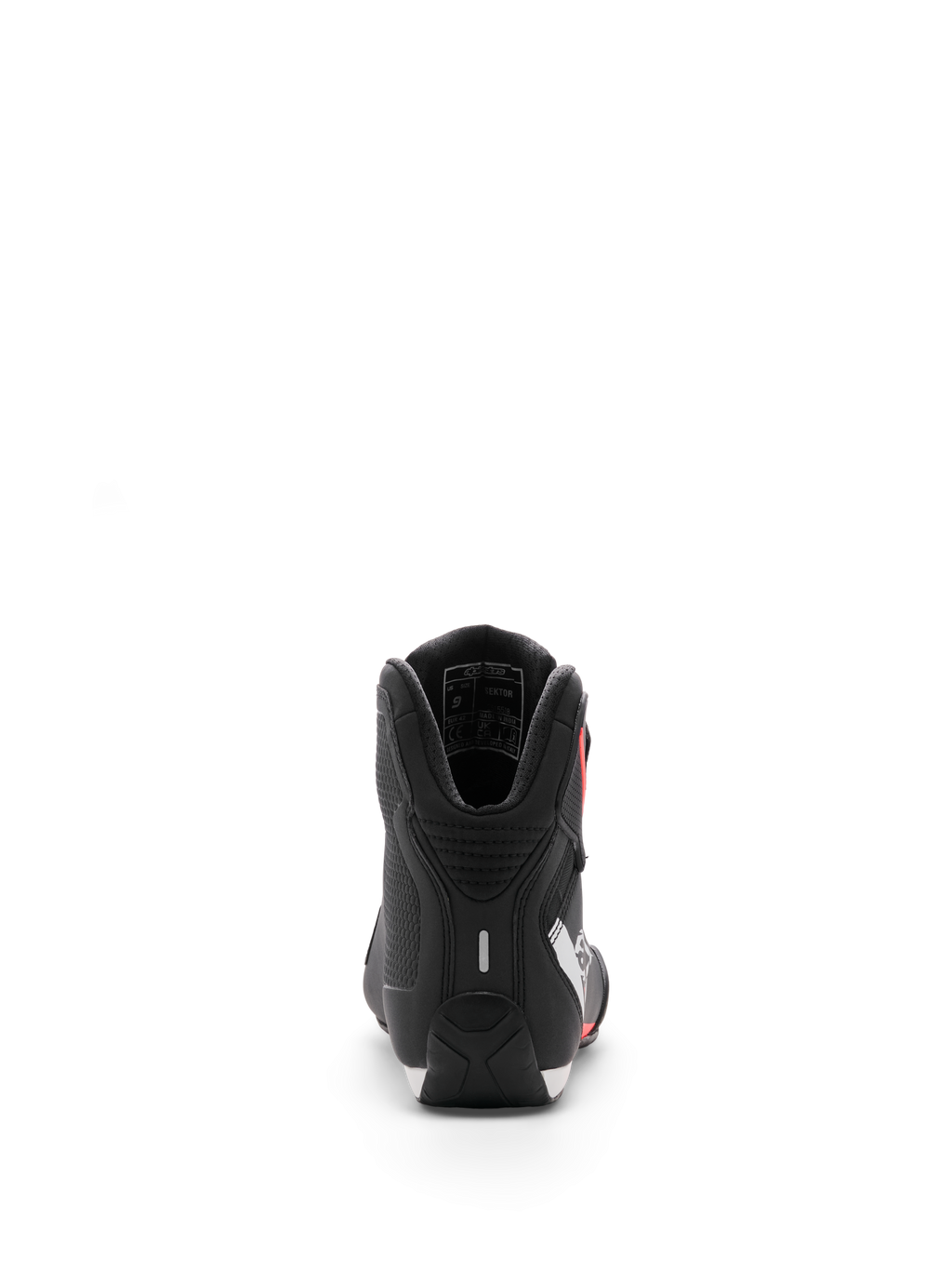 Chaussure Alpinestars Sektor, chaussures de moto, noir, blanc et rouge fluo, vue arrière focalisée sur le talon et le rembourrage interne de la cheville, finition en microfibre élégante pour usage sport et route