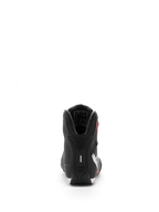 Chaussure Alpinestars Sektor, chaussures de moto, noir, blanc et rouge fluo, vue arrière focalisée sur le talon et le rembourrage interne de la cheville, finition en microfibre élégante pour usage sport et route