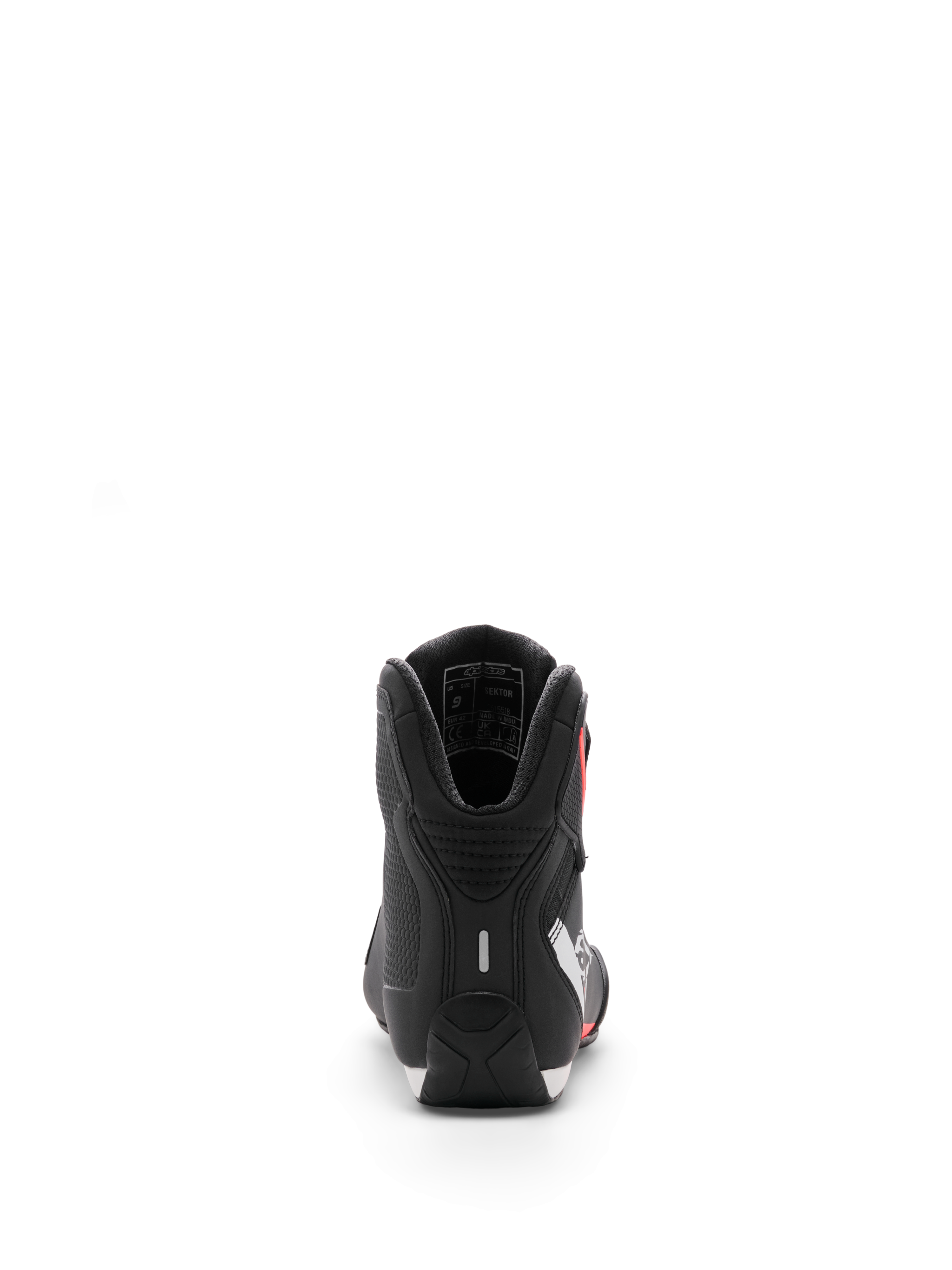 Chaussure Alpinestars Sektor, chaussures de moto, noir, blanc et rouge fluo, vue arrière focalisée sur le talon et le rembourrage interne de la cheville, finition en microfibre élégante pour usage sport et route