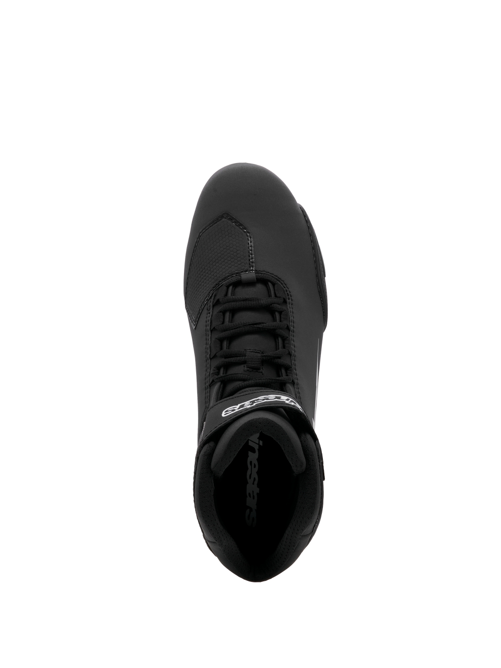 Chaussure Alpinestars Sektor, chaussure de moto, noire, vue de dessus avec système de laçage rapide et sangle de cheville sécurisée avec logo blanc, construction légère en microfibre