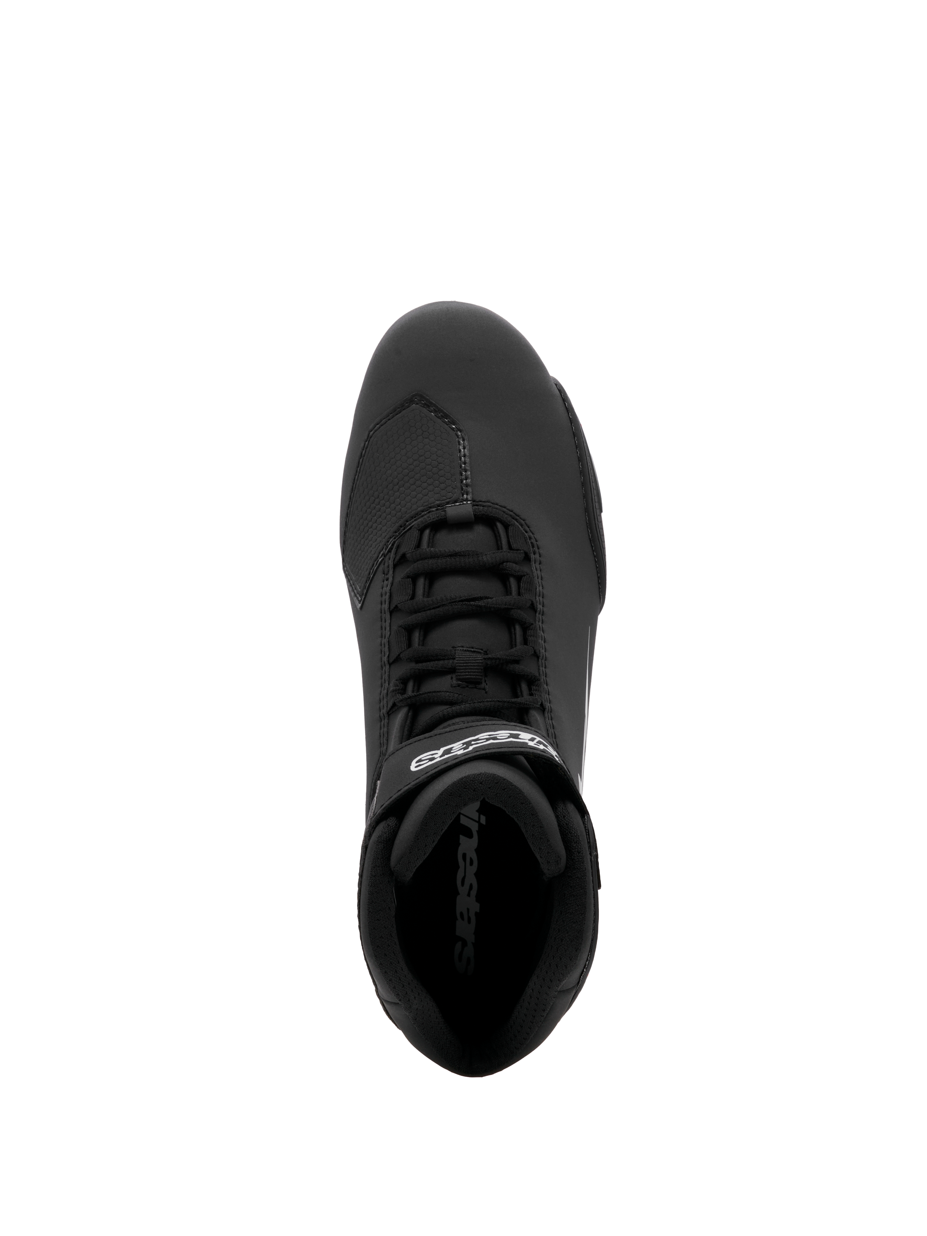 Chaussure Alpinestars Sektor, chaussure de moto, noire, vue de dessus avec système de laçage rapide et sangle de cheville sécurisée avec logo blanc, construction légère en microfibre