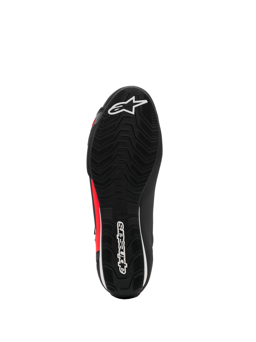Chaussures Alpinestars Sektor, chaussures de moto, noir, blanc et rouge fluo, vue de dessous montrant une semelle en caoutchouc texturée avec logos blancs et détails rouges, design léger pour la conduite sur route