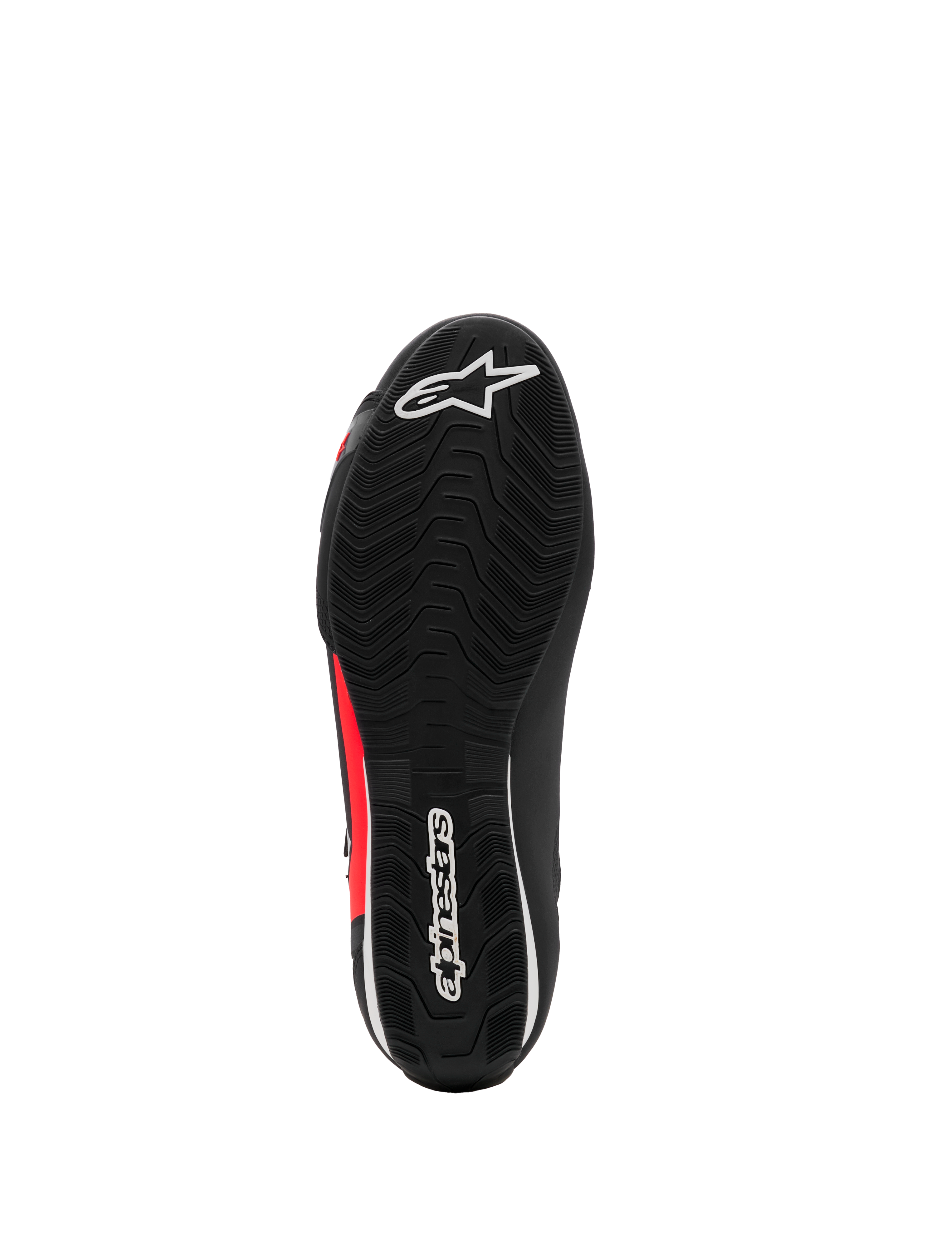 Chaussures Alpinestars Sektor, chaussures de moto, noir, blanc et rouge fluo, vue de dessous montrant une semelle en caoutchouc texturée avec logos blancs et détails rouges, design léger pour la conduite sur route