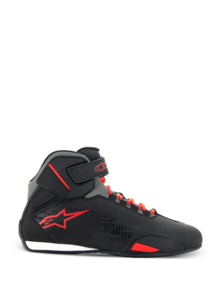 Alpinestars Sektor Shoes, Motorcycle Riding Shoes, Black and Bright Red, side view showing black microfiber upper, bright red laces, red star logo, and adjustable ankle strap, sleek design for road and sport riding