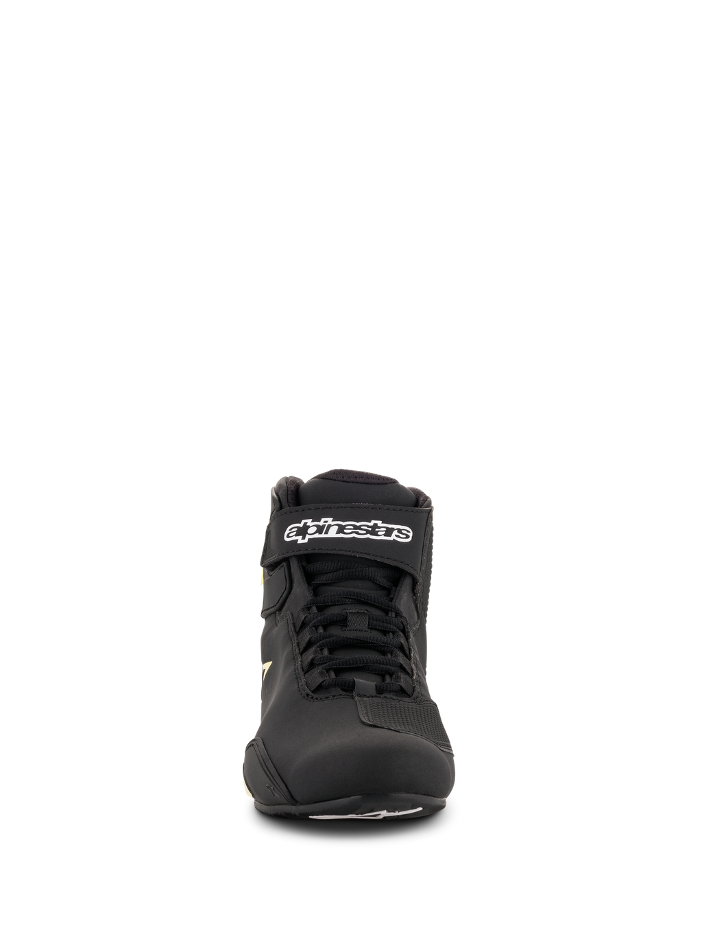 Chaussures Alpinestars Sektor, chaussures de moto, Noir et Jaune Fluo, vue de face présentant le système de laçage rapide, la sangle de cheville avec logo blanc et une construction en microfibre légère