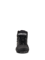 Chaussures Alpinestars Sektor, chaussures de moto, Noir et Jaune Fluo, vue de face présentant le système de laçage rapide, la sangle de cheville avec logo blanc et une construction en microfibre légère