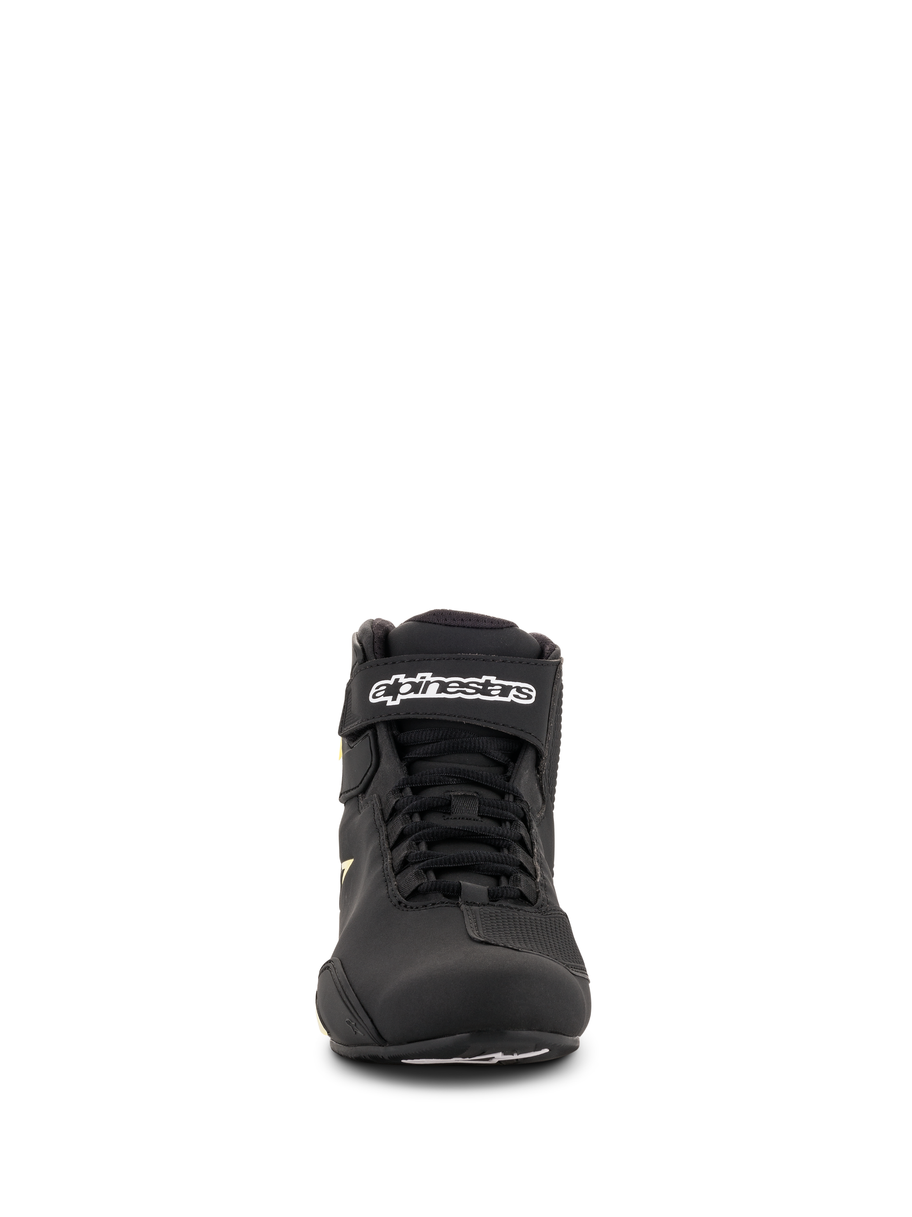 Chaussures Alpinestars Sektor, chaussures de moto, Noir et Jaune Fluo, vue de face présentant le système de laçage rapide, la sangle de cheville avec logo blanc et une construction en microfibre légère