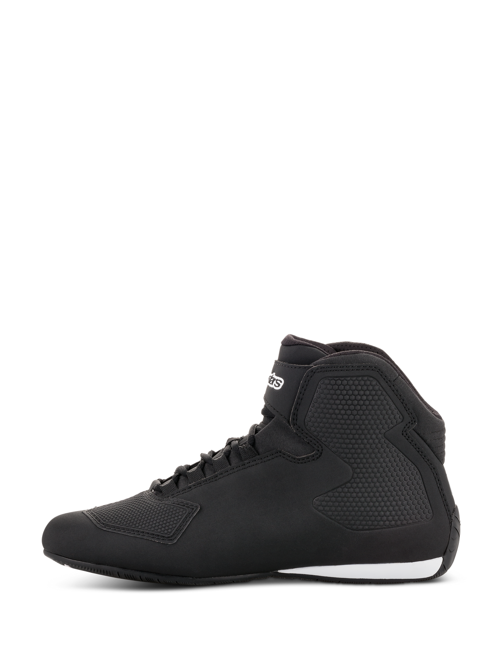 Chaussures Alpinestars Sektor, chaussures de moto, noir et gris foncé, vue de profil, avec construction en microfibre légère, système de laçage rapide avec sangle de cheville et panneaux de protection texturés.
