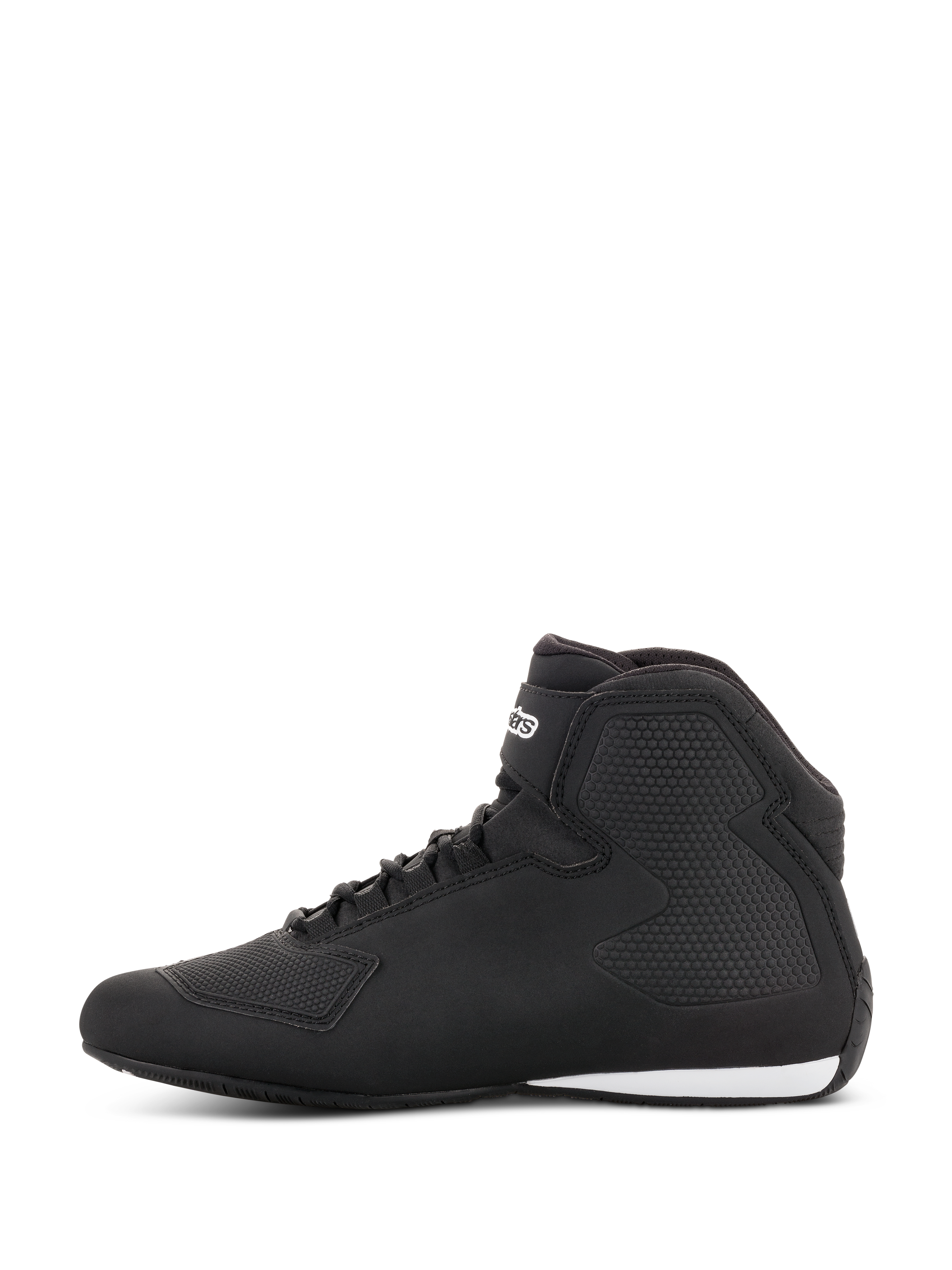 Chaussures Alpinestars Sektor, chaussures de moto, noir et gris foncé, vue de profil, avec construction en microfibre légère, système de laçage rapide avec sangle de cheville et panneaux de protection texturés.