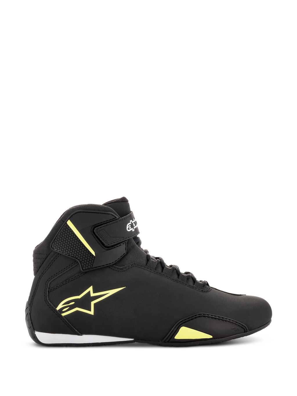 Chaussures Alpinestars Sektor, chaussures de moto, noir et jaune fluo, vue latérale montrant le logo étoile jaune, sangle de cheville avec logo et détail blanc au talon sur une tige en microfibre épurée.
